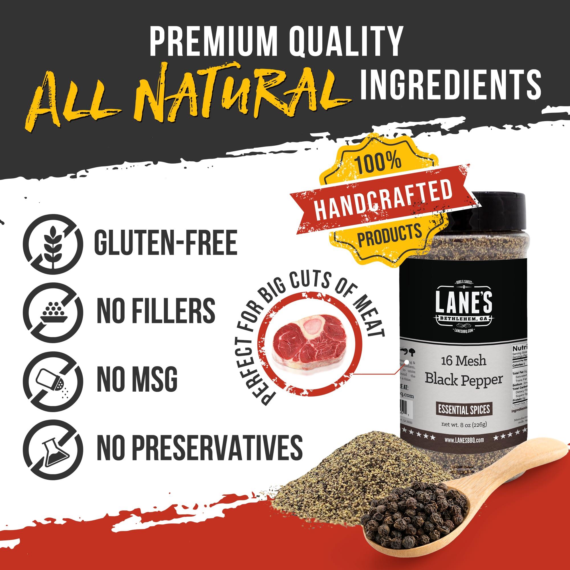 Lane's Lane\'s 16 Mesh Ground Pepper Seasoning, All-Natural Coarse Black Pepper Ground Spice, No Preservatives Coarse Ground Black Pepper, Made in USA, 8 Oz