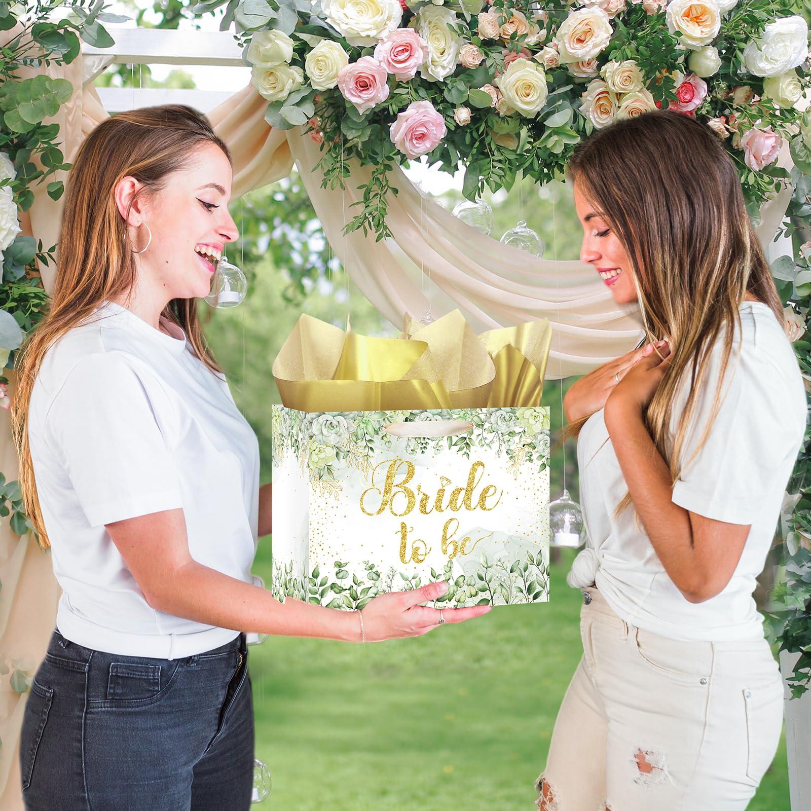 Woosytoo Bride Gift Bag Sage Green Bridal Shower Gift Bags with Cards Tissue Paper Large Bridal Gift Wrapping Bag Bachelorette Engagement Wedding Shower Gift Bag for Sage Green Christmas Bride to Be Party Decoration