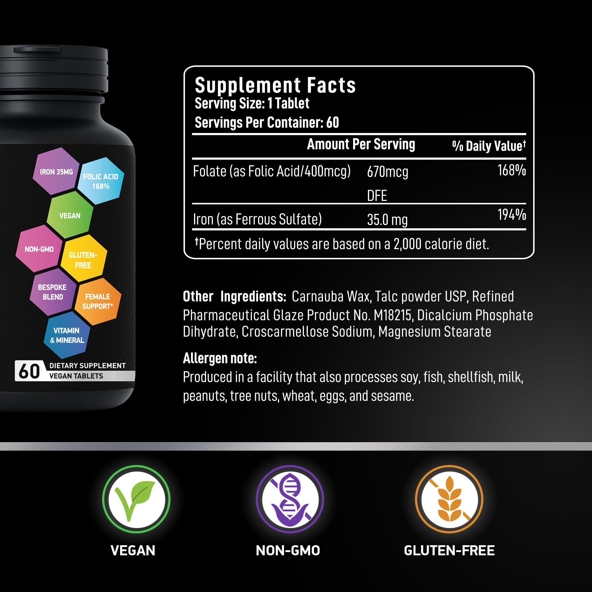 BIOACTIVE LABS Vegan Iron Supplements for Women with Folic Acid - 168% Folate Folic Acid, 194% Ferrous Sulfate Blood Builder with Anemia and Pregnant Women - 60 Gluten-Free Gentle Iron Tablets