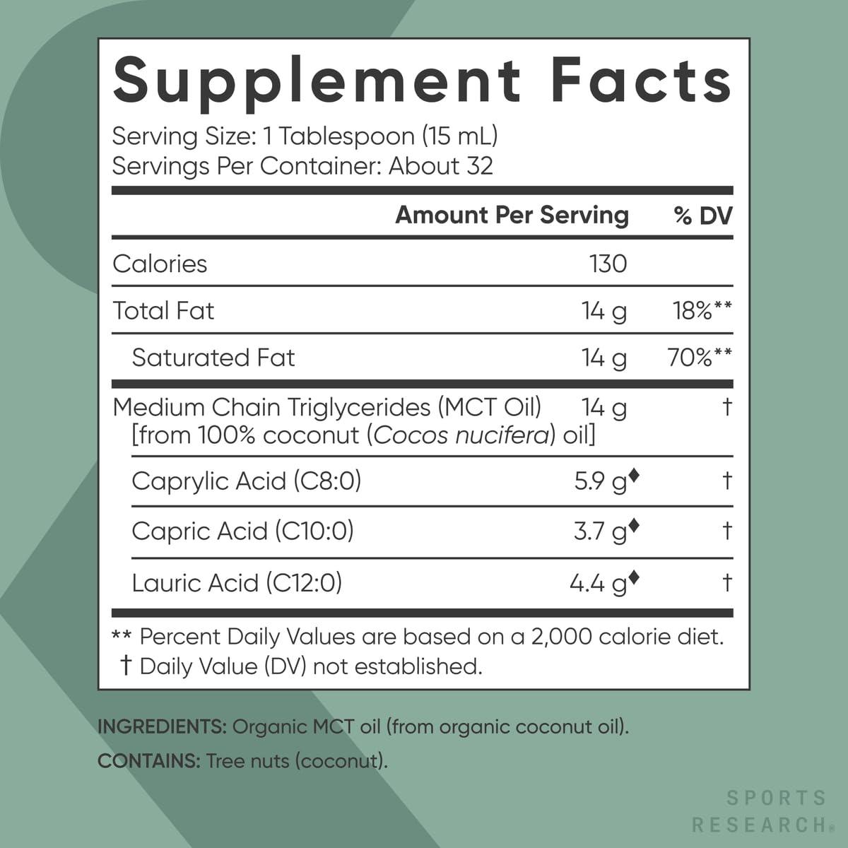 Sports Research Sports Research Organic MCT Oil - Keto & Vegan MCTs C8, C10, C12 from Coconuts - Fatty Acid Brain & Body Fuel, Flavorless, Non-GMO & Gluten Free - Perfect in Coffee, Tea & Protein Shakes - 16 oz