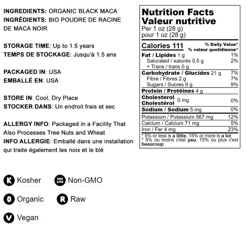 Food to Live Food to Live Organic Black Maca Powder, 1 Pound Raw Ground, Non-GMO, Kosher, Fine Flour, Bulk