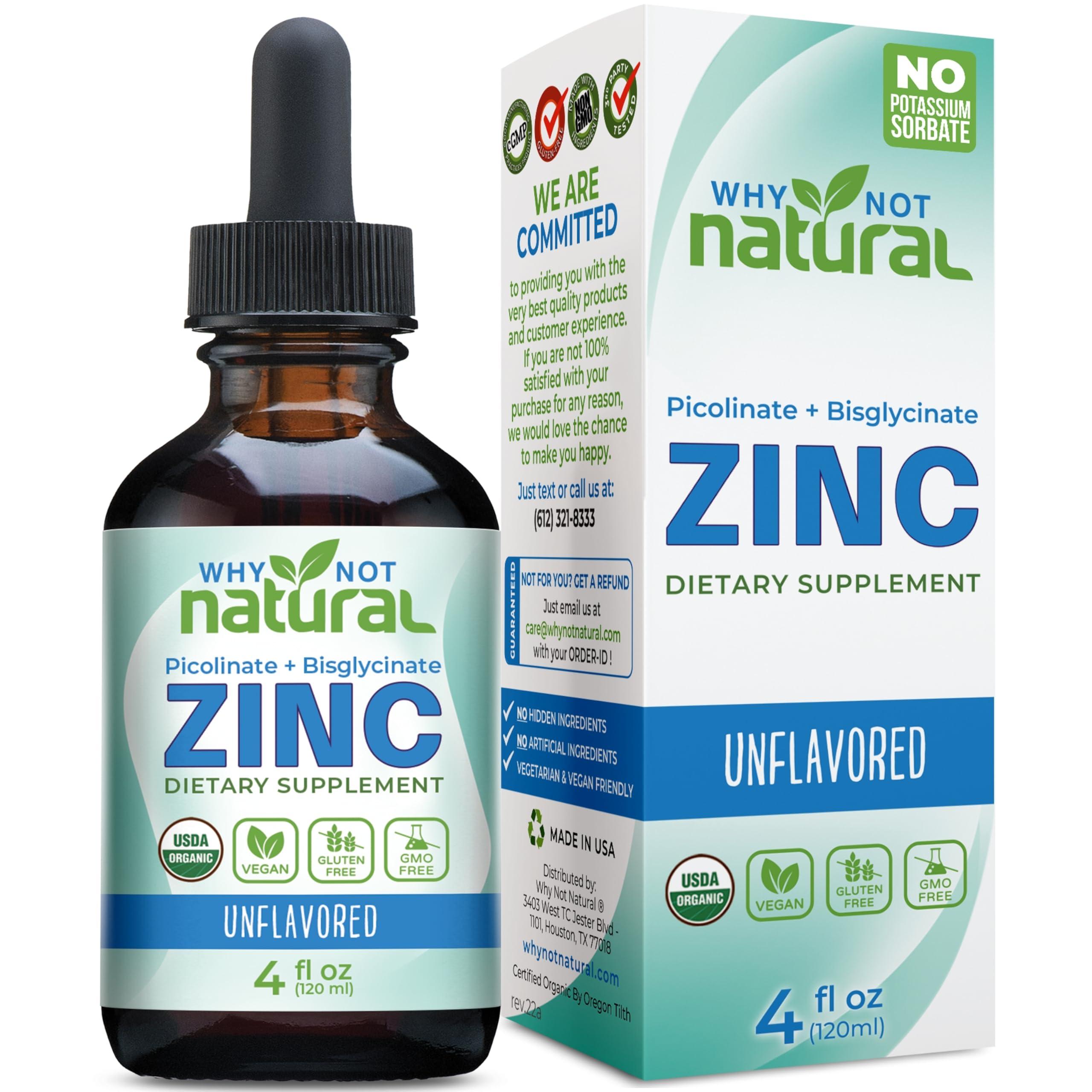 Why Not Natural Organic Liquid Zinc Drops Supplement with Chelated Zinc Picolinate and Bisglycinate, USDA Organic and Vegan