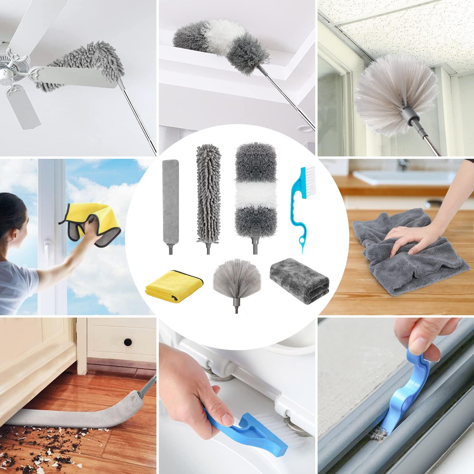 HLWDFLZ HLWDFLZ Microfiber Duster Kit 23pcs with 30 to 100 Inches Extension Pole and Extendable Window Squeegee, Washable and Bendable Feather Duster for Cleaning Ceiling Fans, High Ceilings, Cobwebs, Blinds