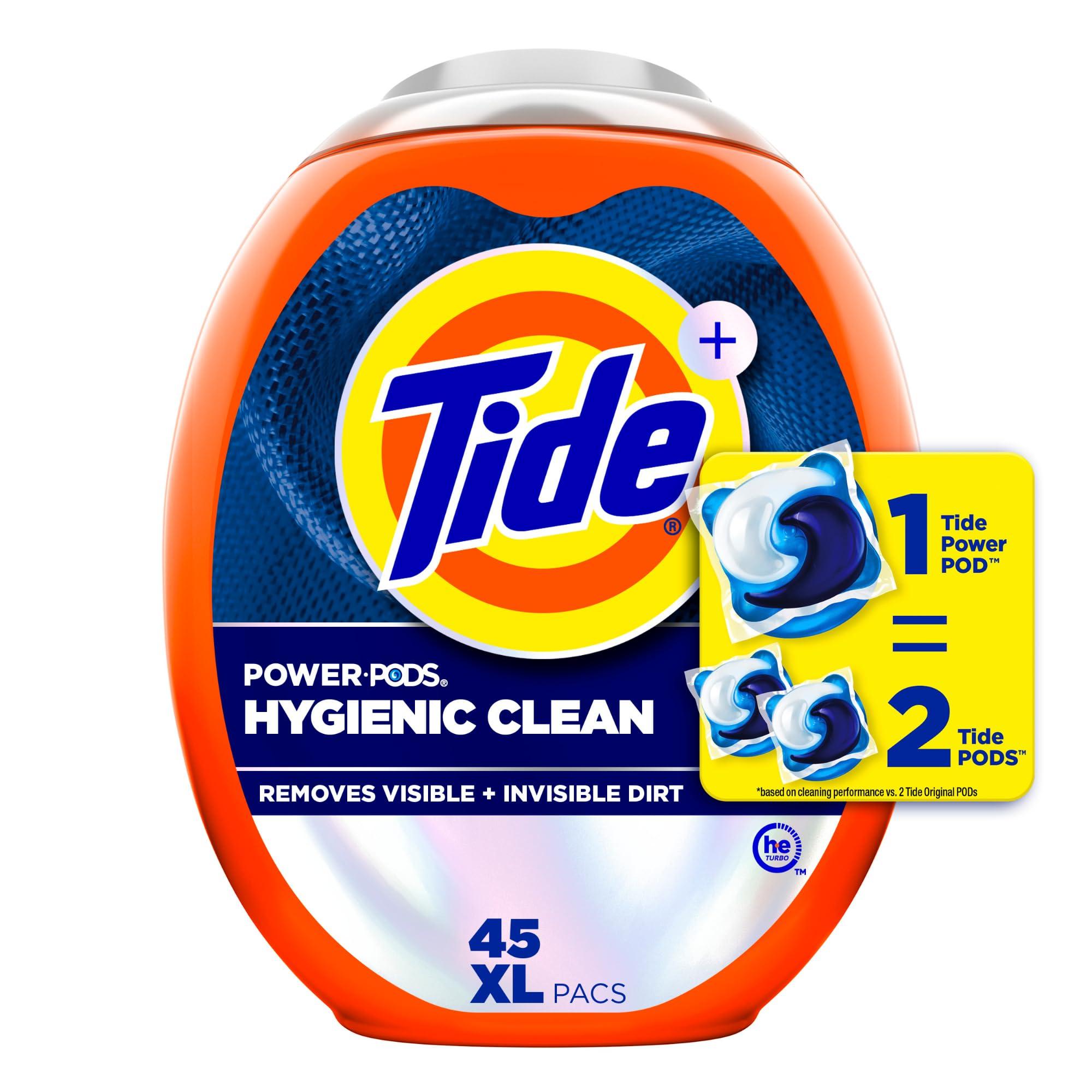 Tide Tide Power PODs Hygienic Clean Heavy Duty Liquid Laundry Detergent Pacs, Free and Clear of Dyes and Perfumes, For Visible and Invisible Dirt, 45 Count, HE Compatible