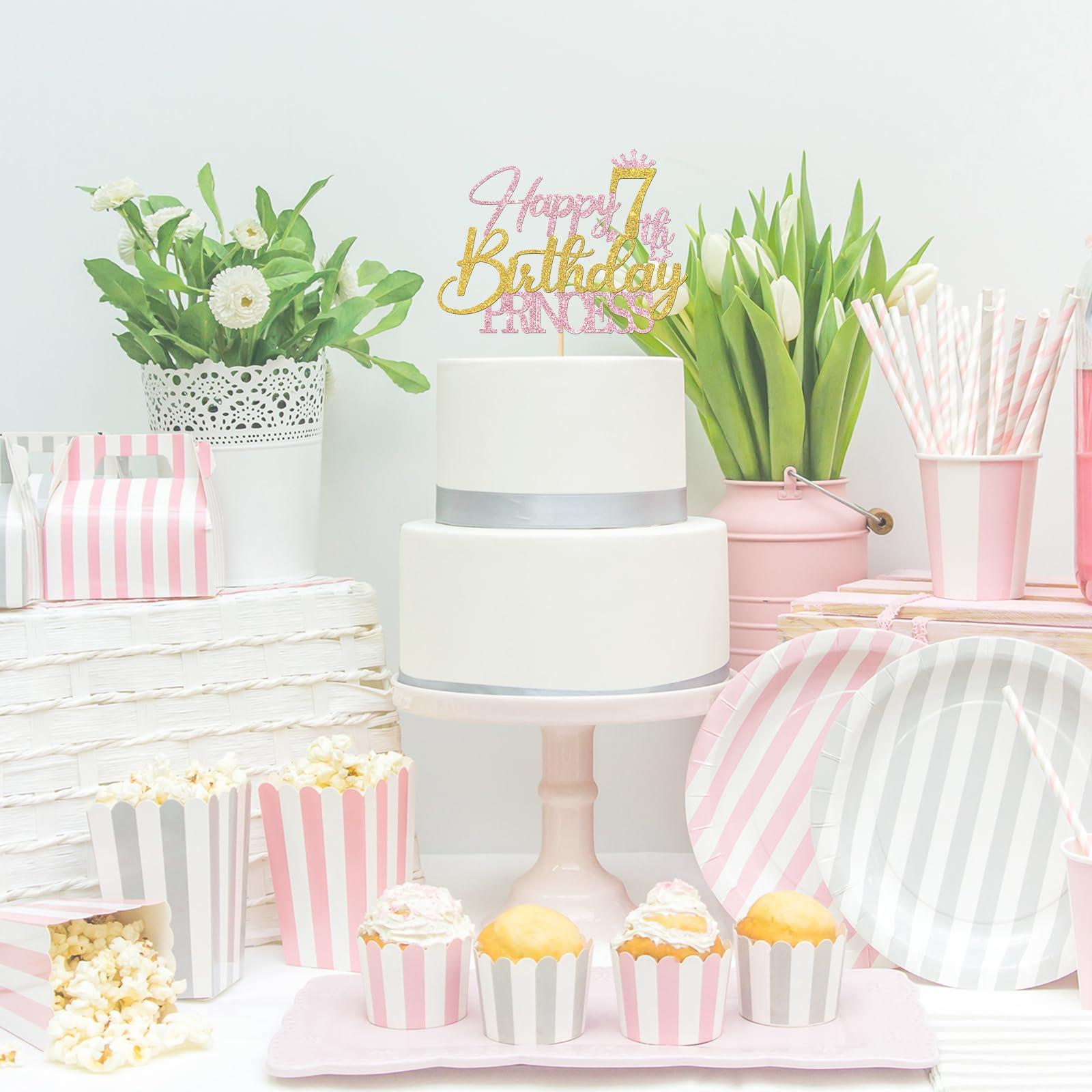 RoadSea RoadSea Princess 7th Birthday Cake Topper - Happy 7th Birthday Cake Supplies for Girl - Girl Seven Years Old Birthday Party Decorations - Pink & Gold Glitter (7th)