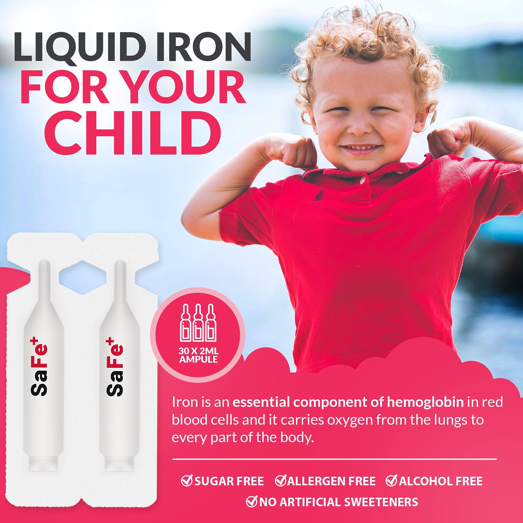 SaFe+ SaFe+ Liquid Iron for Children | Great Tasting Cherry Flavor | Easy to Use 20mg/2mL Iron per ampule | 30 Unit-Doses (2 ml Each) I Sugar Free & Allergen Free I Maintain Physical & Mental Wellbeing