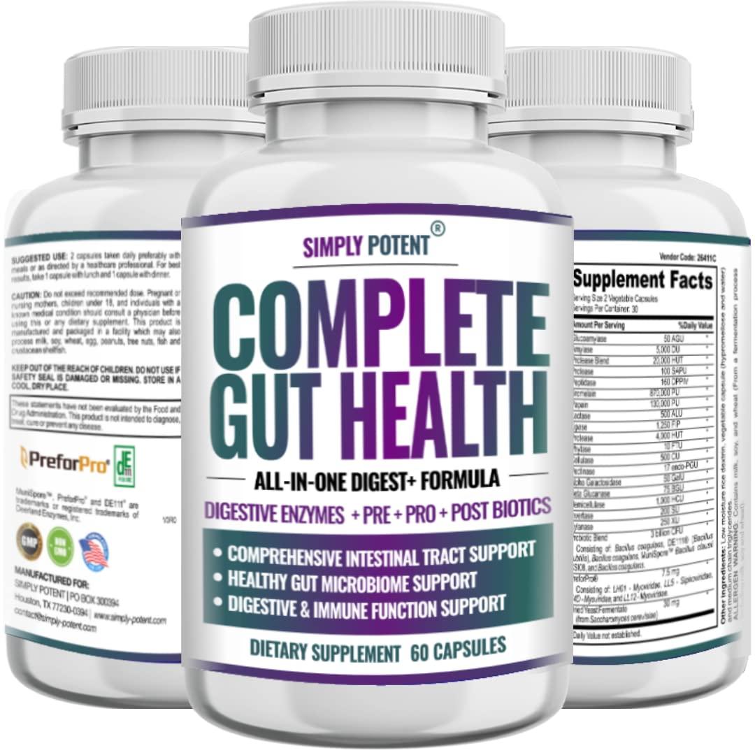 Simply Potent Complete Gut Health, Digestive Enzymes Plus Prebiotic, Probiotic & Post Biotic Gastrointestinal Support, Supports Gut Health & Immune Function, 60 Capsules