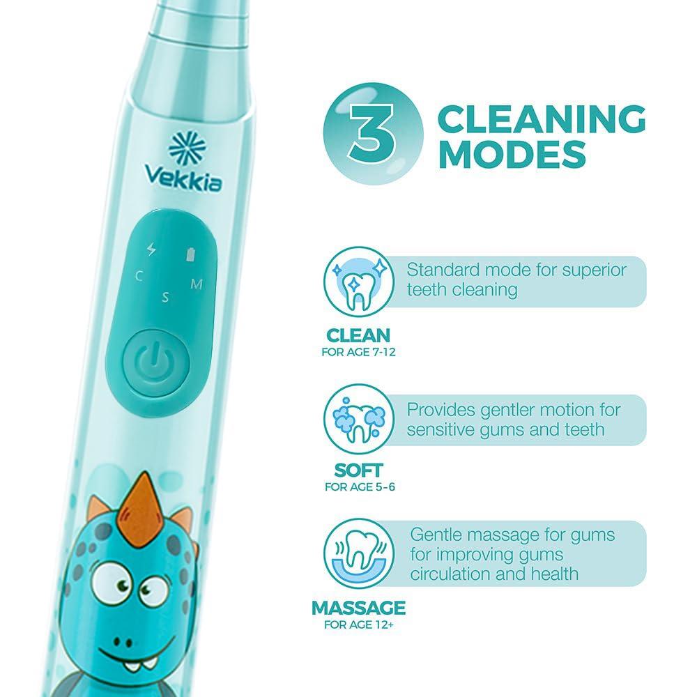 Vekkia Vekkia Sonic Rechargeable Kids Electric Toothbrush, 3 Modes with Memory, Fun & Easy Cleaning, 24000 Strokes, IPX7 Waterproof, 2-Min Timer for Age 5+, 4 Soft Bristles(Blue)