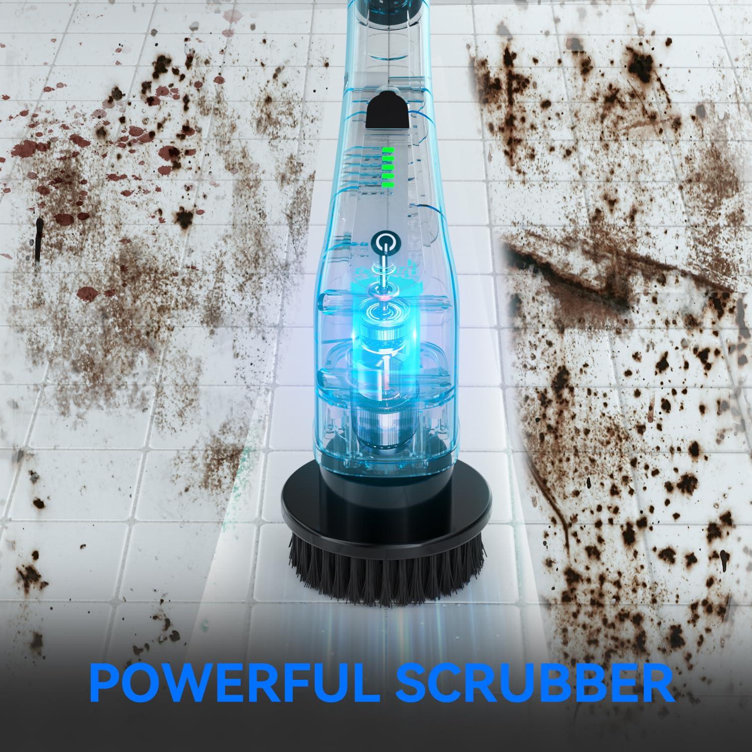 RERBIO Electric Spin Scrubber,Bathroom Cleaning Brush with Long Handle 8 Replaceable Brush Heads, 2 Adjustable Speeds, Cordless Power Cleaning Brushes for Bathtub Grout Tile Floor