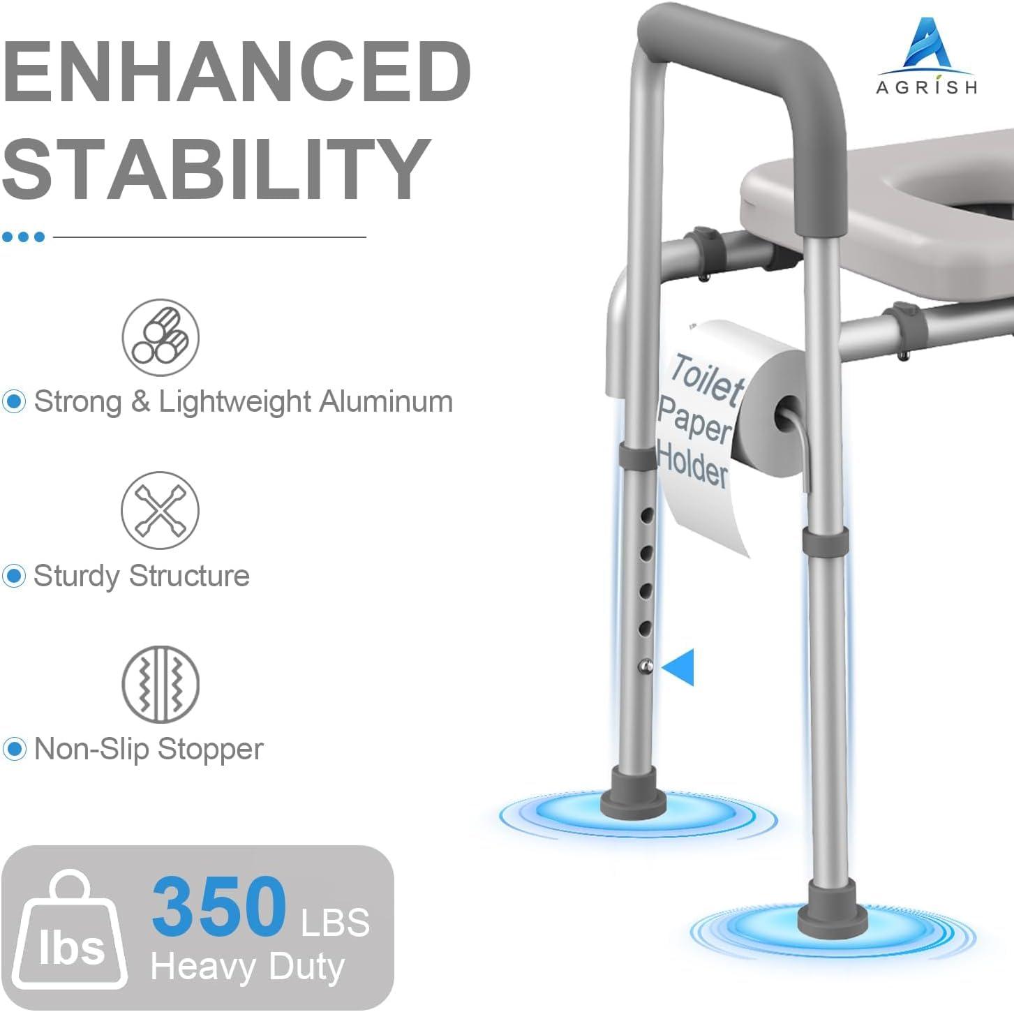 Agrish Agrish Raised Toilet Seat with Handles - Width and Height Adjustable Padded Toilet Seat Risers for Seniors, Bariatric, Handicap, Heavy Duty 350lbs Raised Toilet Seat, Fit Any Toilet