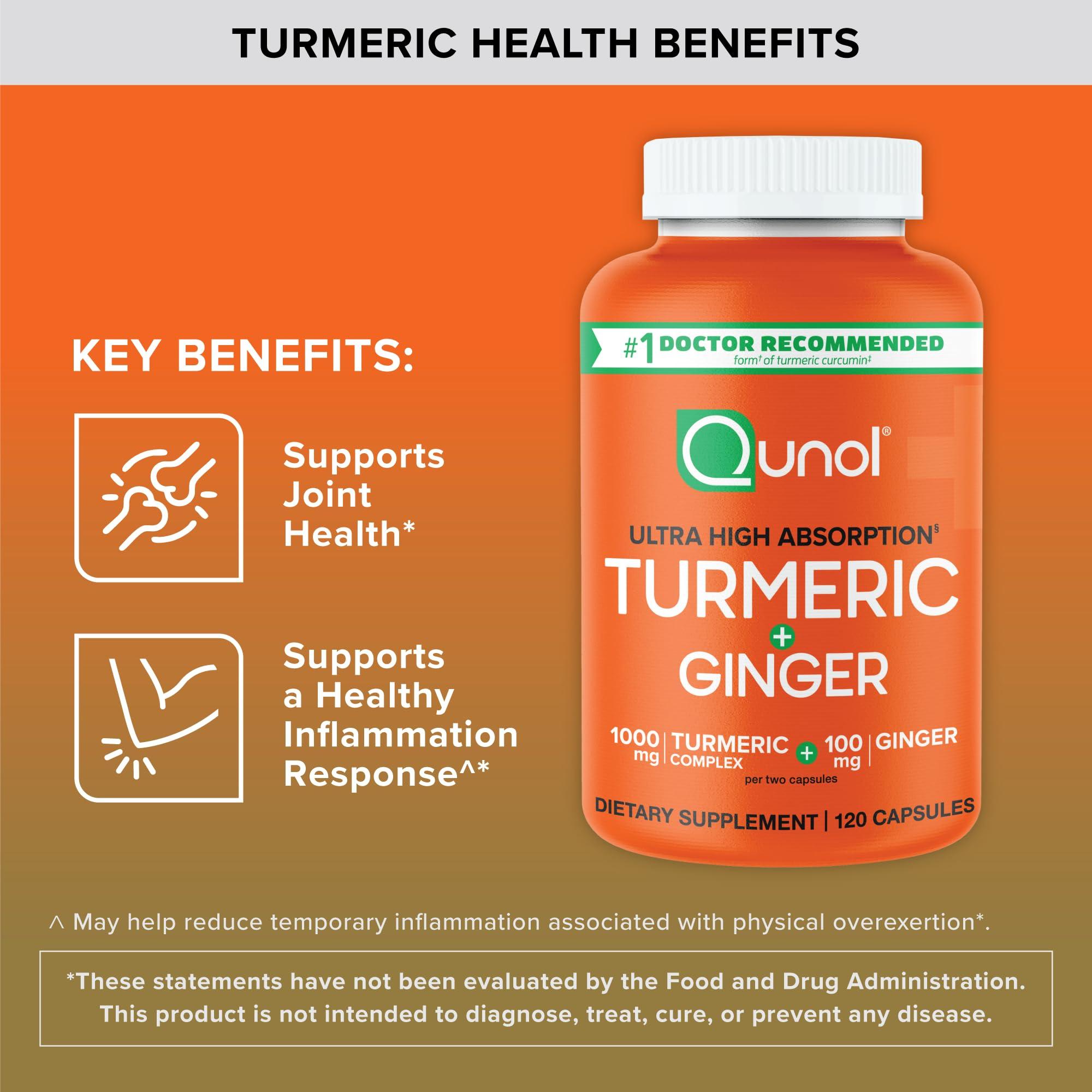 Qunol Qunol Turmeric and Ginger Capsules, 1000mg Turmeric Supplement, Ultra High Absorption to Support Joint Health, #1 Doctor Recommended Form of Turmeric Curcumin, 120 Count (Pack of 1)