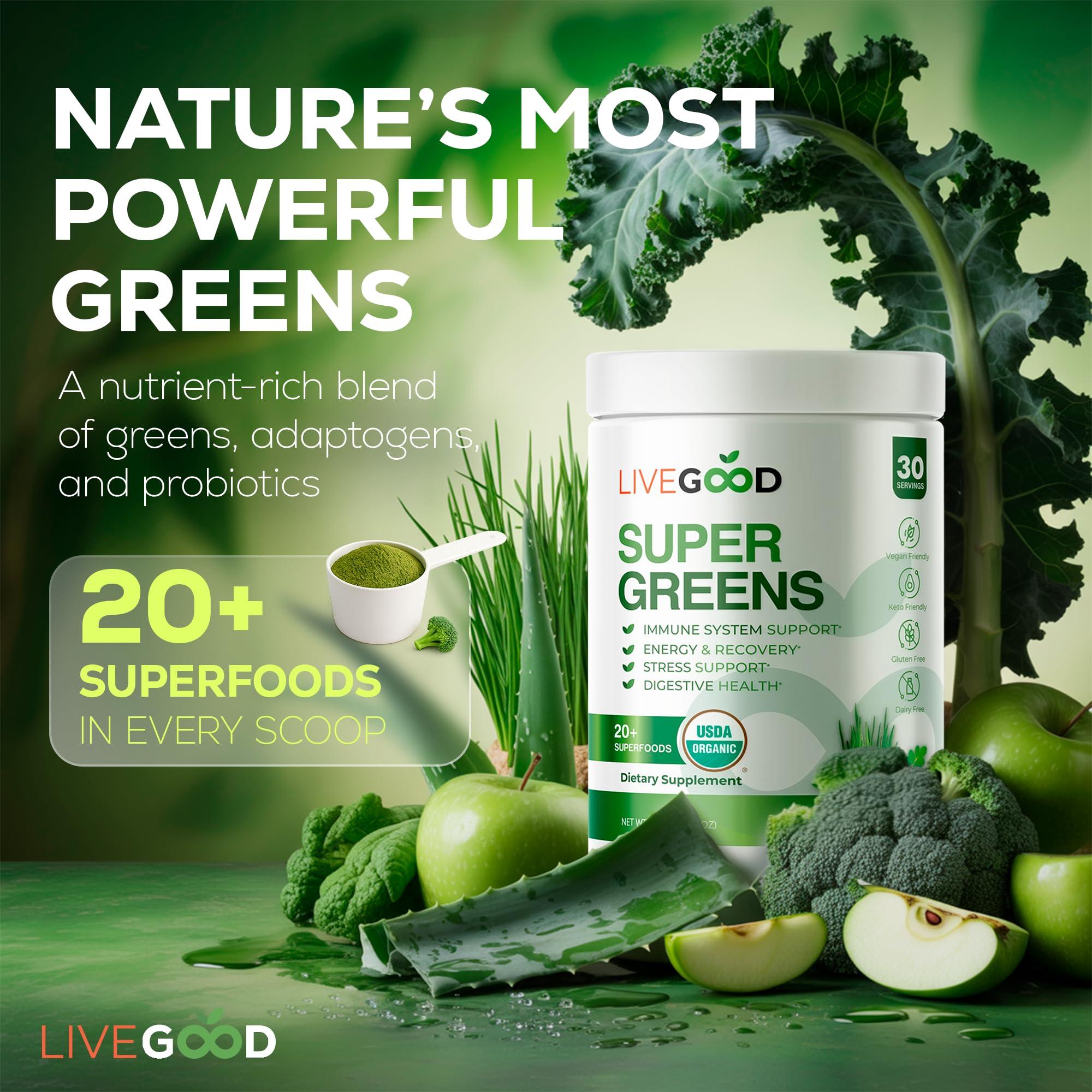 LIVEGOOD LIVEGOOD Organic Super Greens with Wheat, Barley, Oat Grass, Matcha Green Tea, Aloe Vera, Vegan, Gluten Free, 7.2 oz.