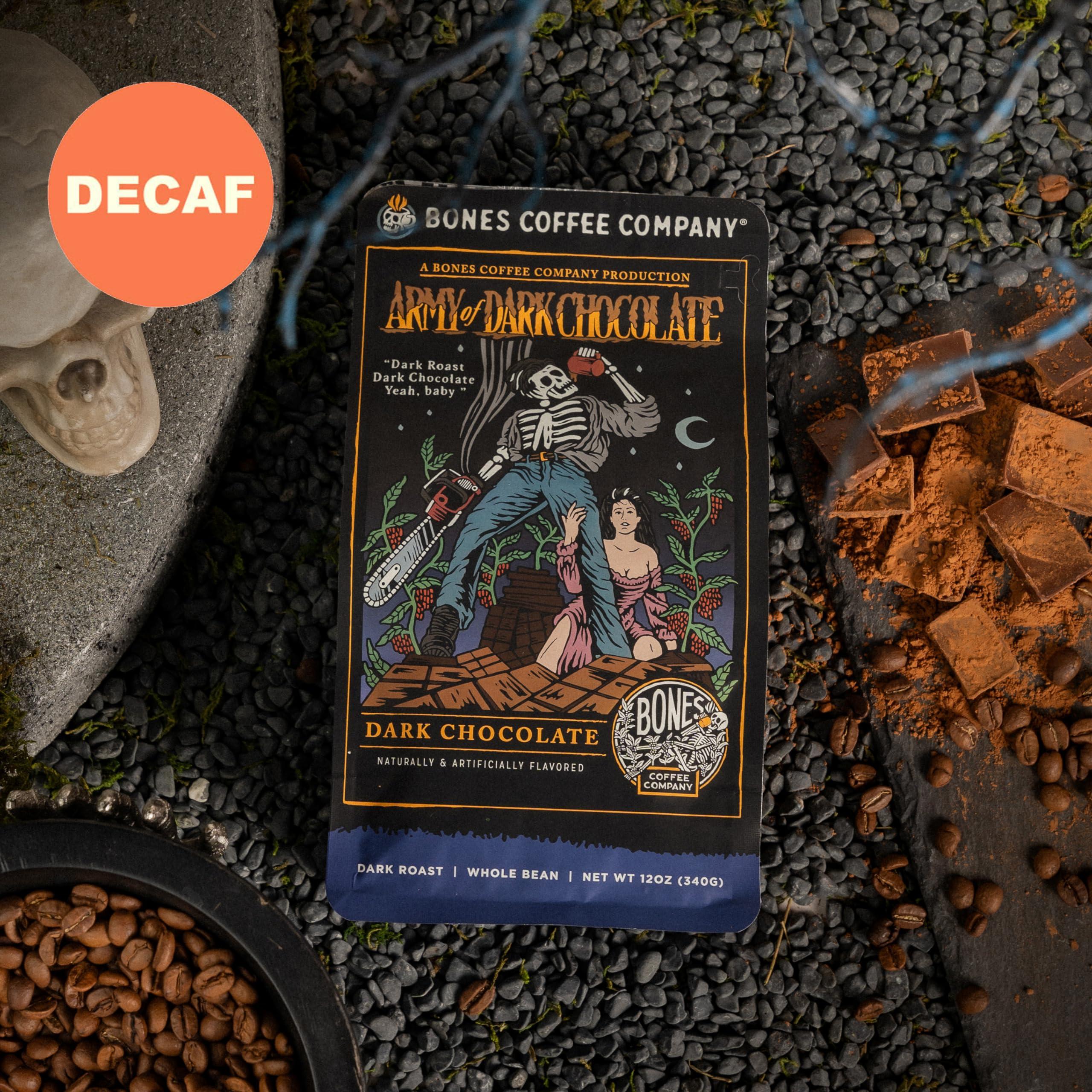 Bones Coffee Company Bones Coffee Company Decaf Army Of Dark Chocolate Flavored Coffee Beans, Whole Bean Coffee Medium Roast Low Acid Decaffeinated, Dark Chocolate Flavor (12 oz)