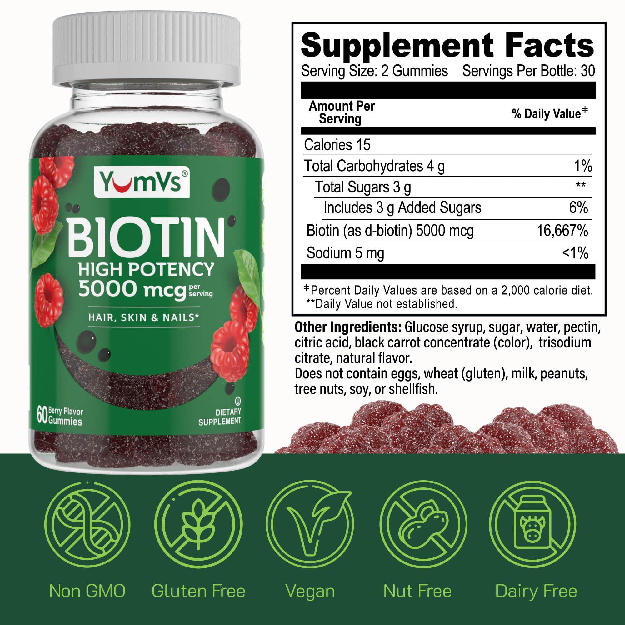 YUM-V'S YumVs Biotin Gummies 5000mcg - Luscious Raspberry Flavor - Thicker Faster Hair Growth Gummies for Women or Men - Hair, Skin & Nails Vitamins - Hair Gummies - Vegetarian Biotin Supplement (60 Ct., 2pk)