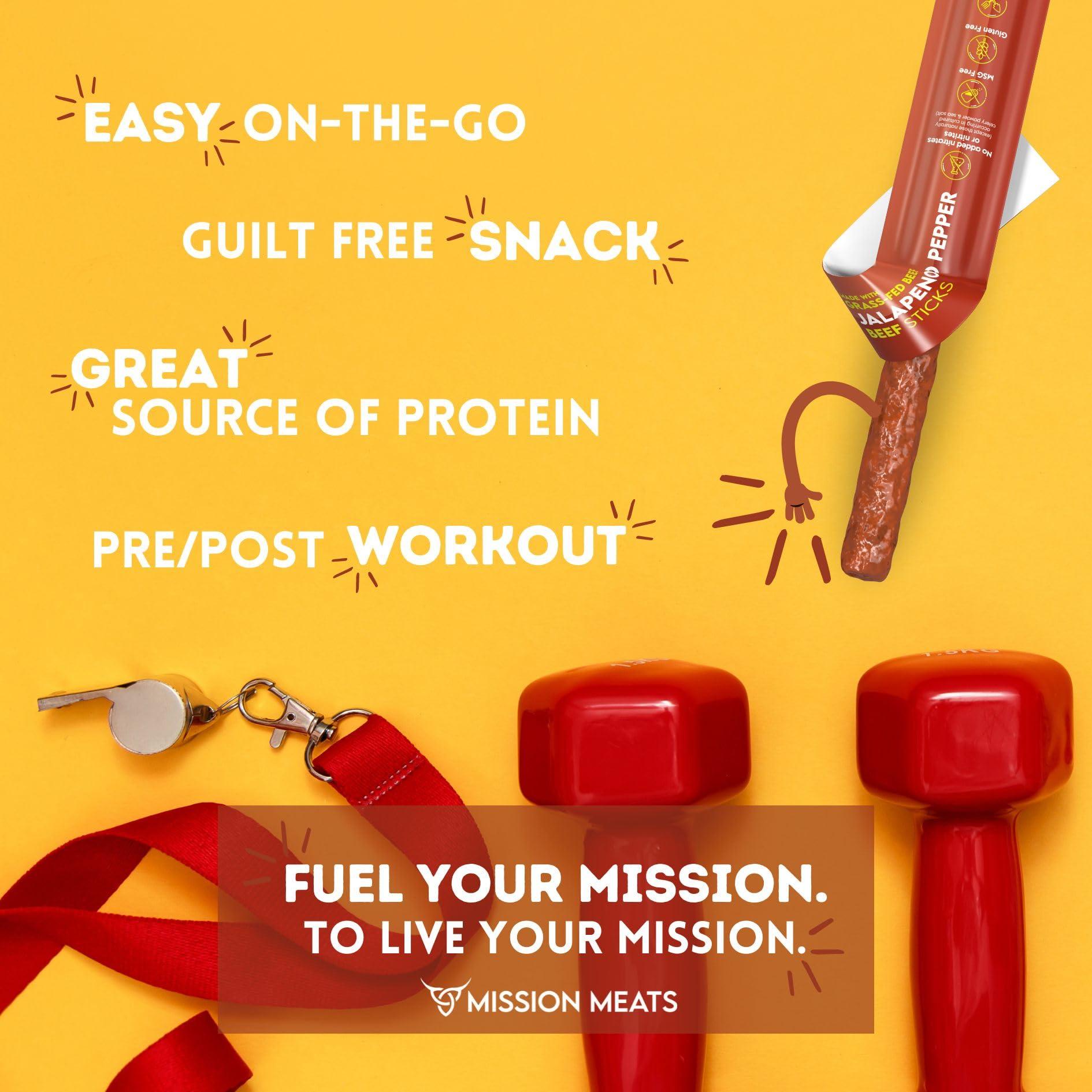 EST. 2015 MISSION MEATS Mission Meats Beef Sticks 100% Grass Fed & Pasture Raised, Zero Sugar, Gluten Free, Meat Sticks Individually Wrapped, Healthy Snacks, Whole 30 & Paleo Friendly, Jalapeno 1oz (Pack of 24)