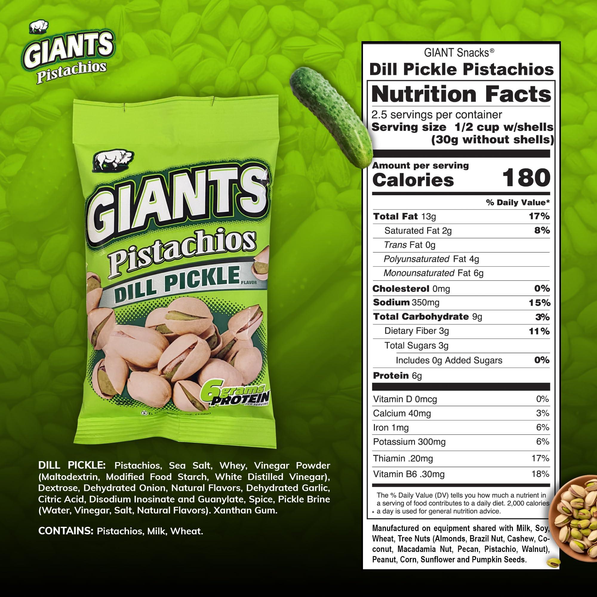 GIANTS GIANTS Dill Pickle Pistachios - Healthy Snacks, In Shell Pistachios Individual Packs, High Protein Snack, Flavored Pistachio Nuts - 4.5 oz Bags (Pack of 8)