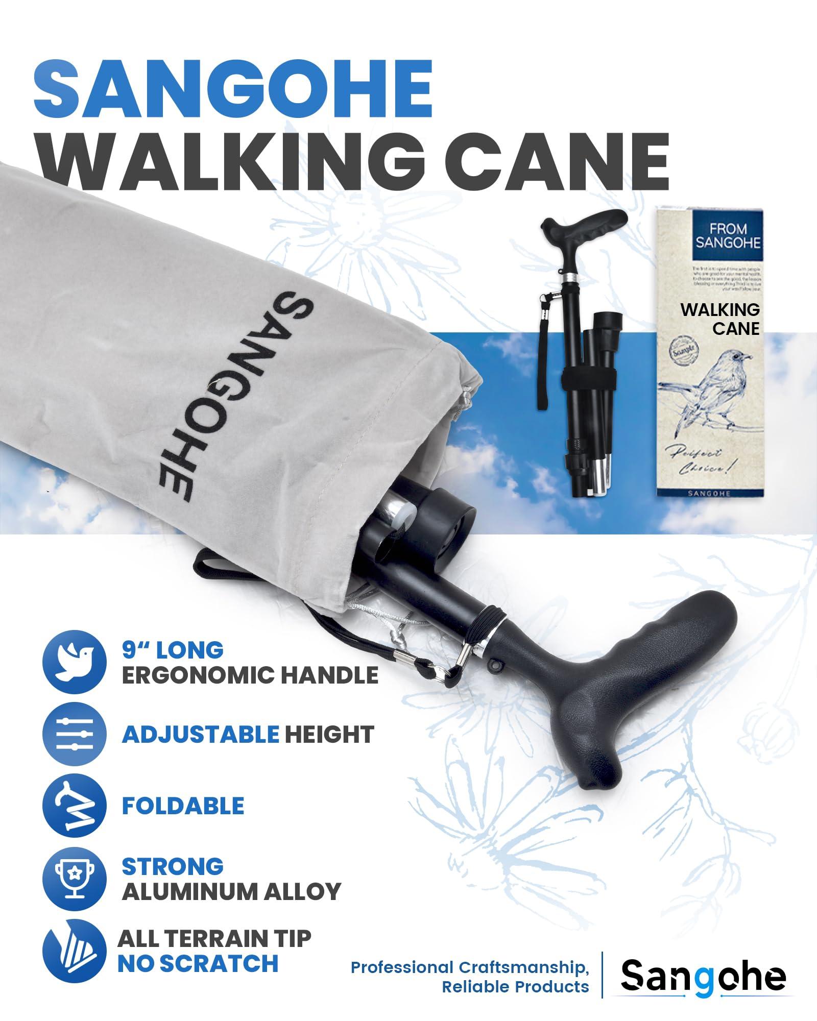 Sangohe Sangohe Walking Cane for Men & Women - Walking Stick with Adjustable Height, Durable Rubber Feet Tip, Travel Bag - Folding Canes for Stability - Walking Sticks for Seniors & Adults, Black, 929C