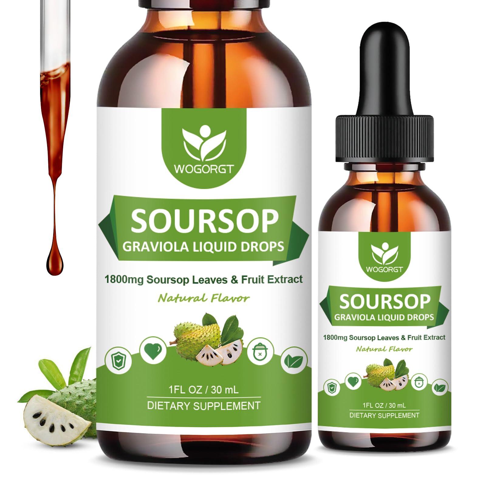 WOGORGT (2 Pack) Soursop Graviola Liquid Drops - 1800mg Soursop Extract - High Absorption Soursop Bitters Liquid for Cell Support & Regeneration, Immune Support, Antioxidant, Relaxation, Sugar Free - 1 Fl Oz