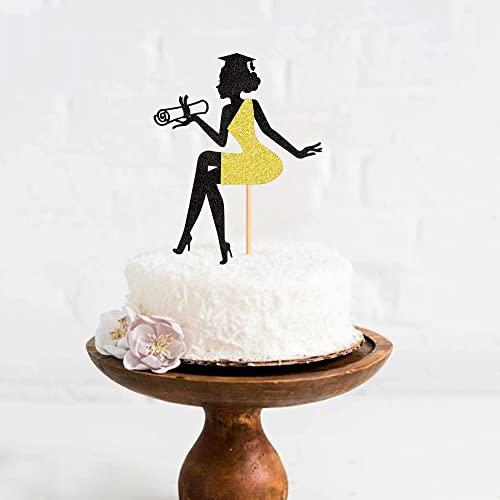 Cyodoos Cyodoos 1 PC High Heel Girl Graduation Cake Topper with Grad Cap Diploma 2023 Graduation Cake Pick 2023 Senior Graduation Cake Decorations for 2023 Girl Graduation Theme Party - Black Gold Glitter