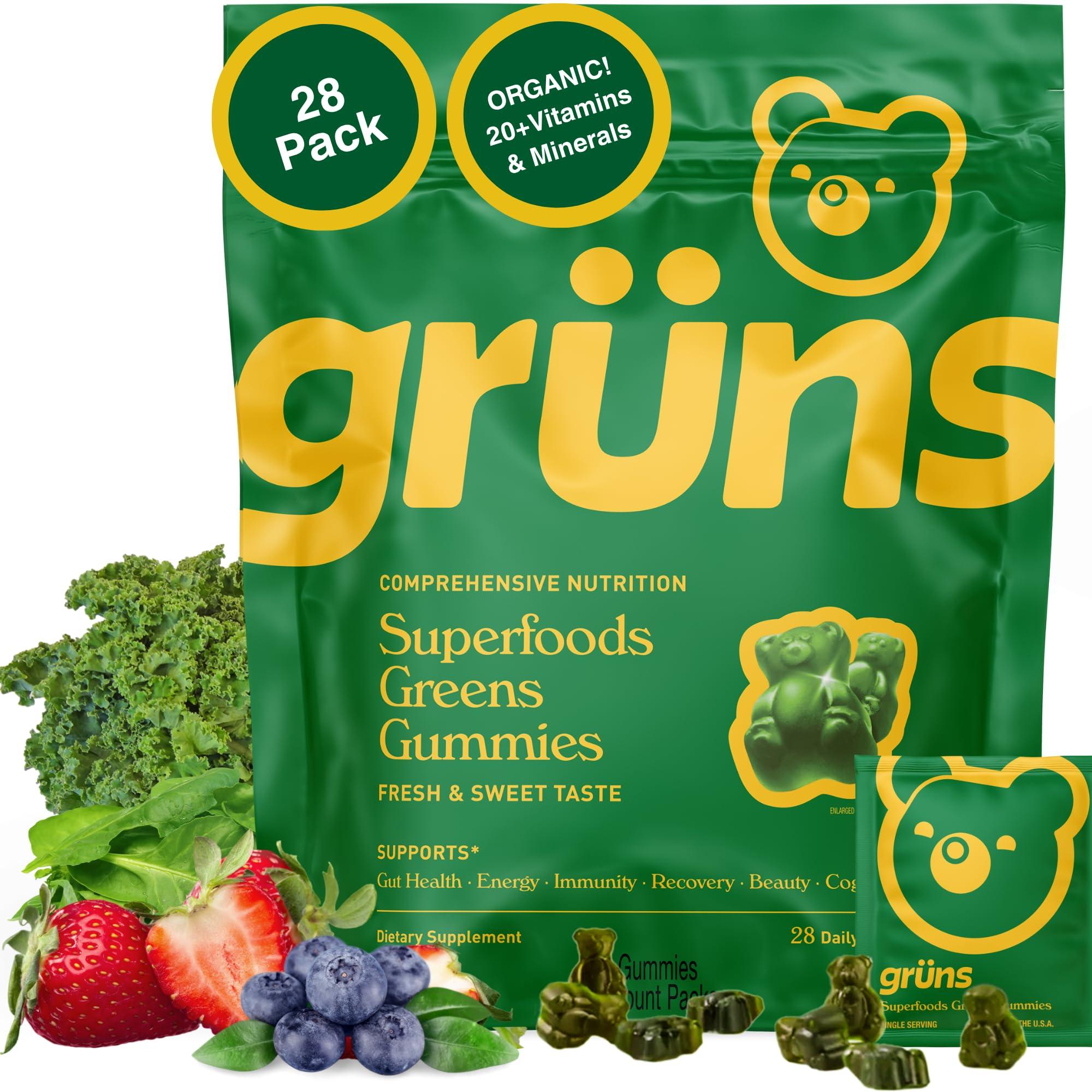 Grns Gruns Adults Super Greens Gummies, Superfood Gummy Bears with Spirulina, Chlorella & Prebiotics for Digestive Health - Adaptogens Supplement with 20 Vitamins & Minerals, Low Sugar- 1 Month Supply