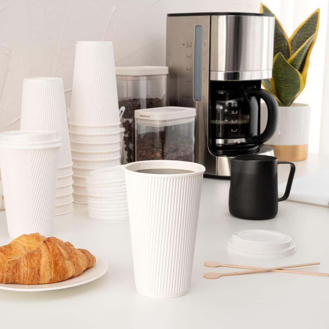 Restaurantware Restaurantware-16 Ounce Insulated Coffee Cups With Lids, 20 Ripple Wall Hot Cups With Lids - Leakproof, Non-Slip, White Paper Coffee Cups, Disposable, For Teas, Hot Cocoas, Or Lattes