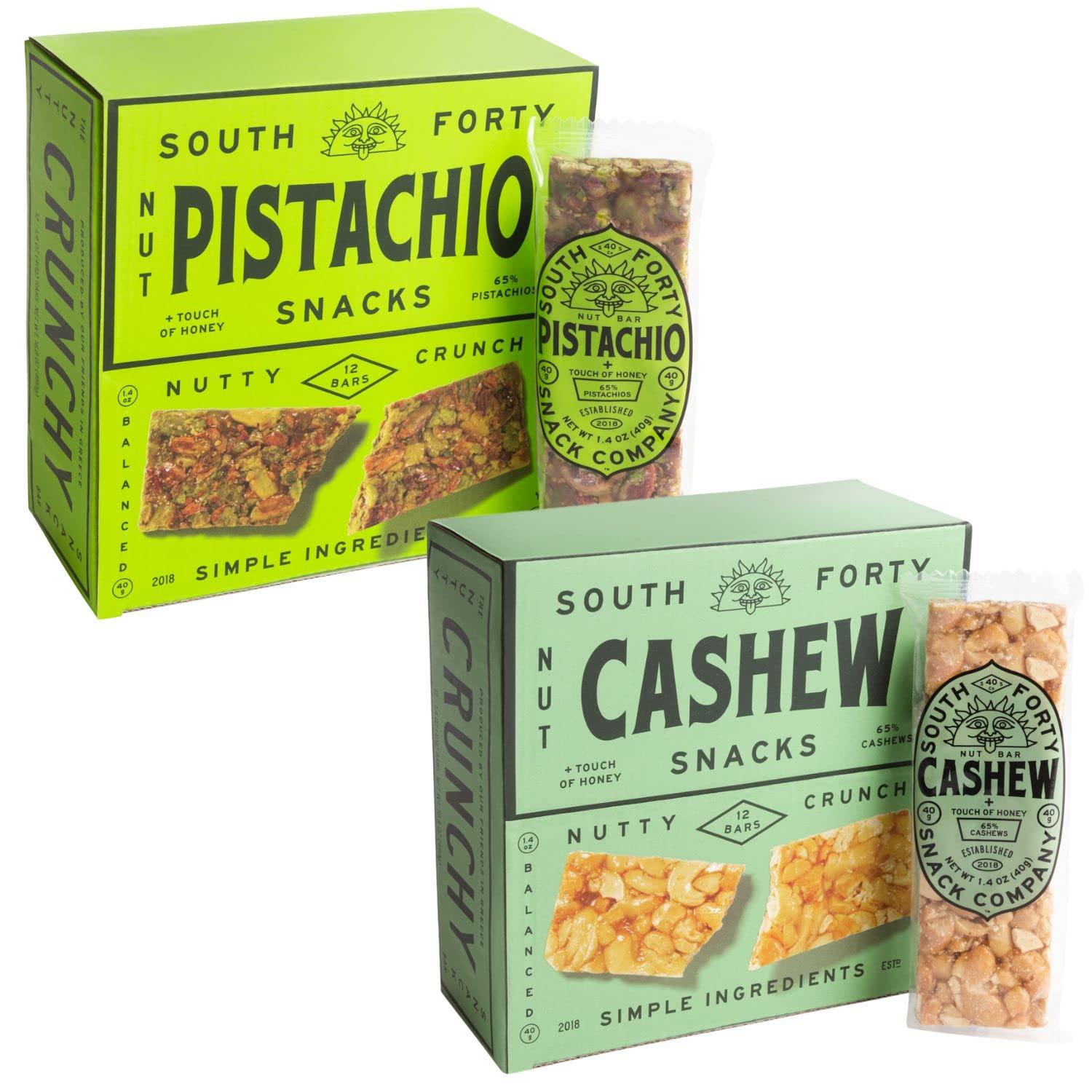 SOUTH FORTY SNACKS South 40 Snacks Pistachio and Cashew Bars, Extra Crunchy Nut Snack Bar, Simple Ingredients, Honey and Sugar, Unique Delicious Healthy Nut Clusters(40g Bar, Pack of 12)