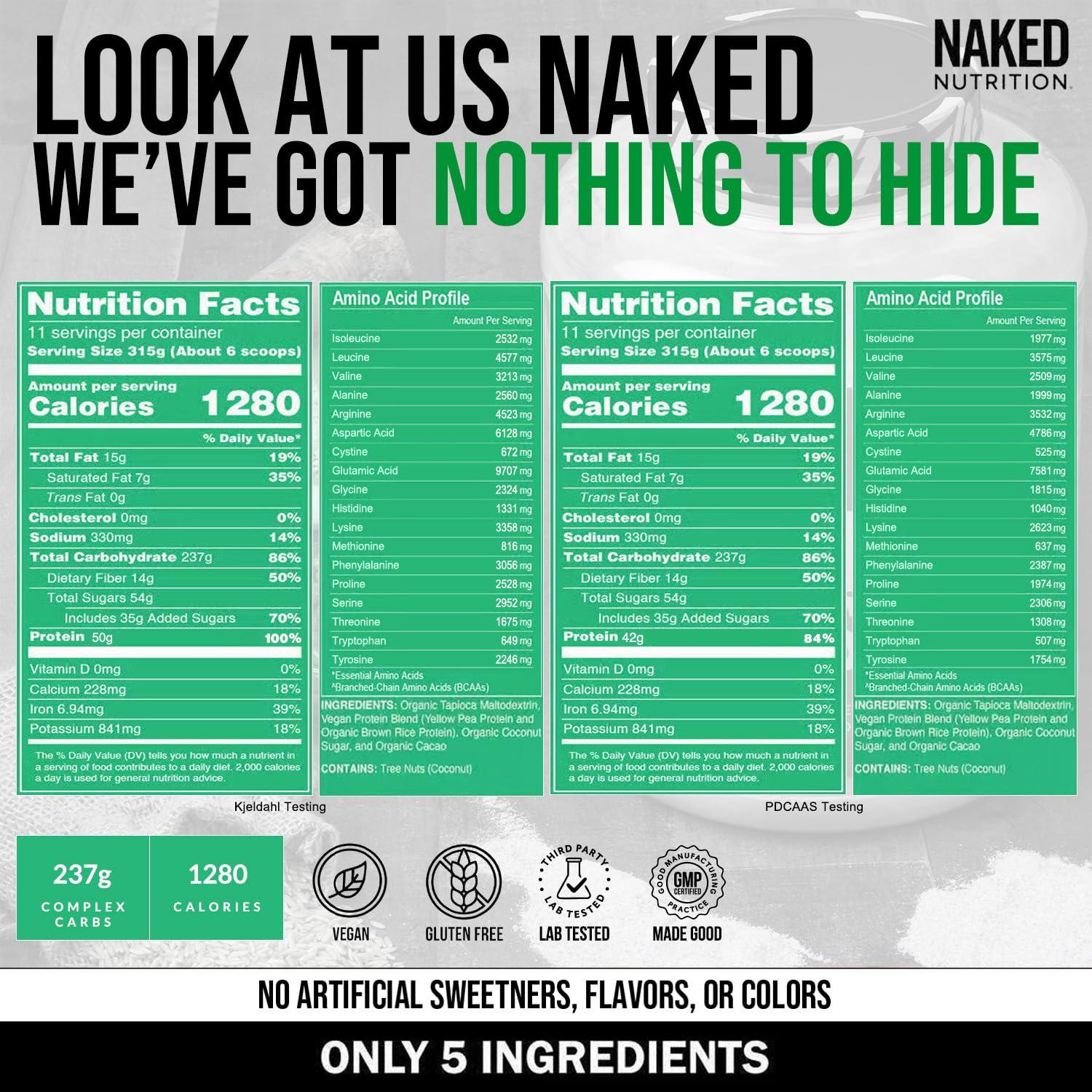 NAKED nutrition NAKED Mass - Chocolate Vegan Weight Gainer - 8Lb Bulk, GMO Free, Gluten Free, Soy Free & Dairy Free. No Artificial Ingredients - 1,280 Calories - 11 Servings