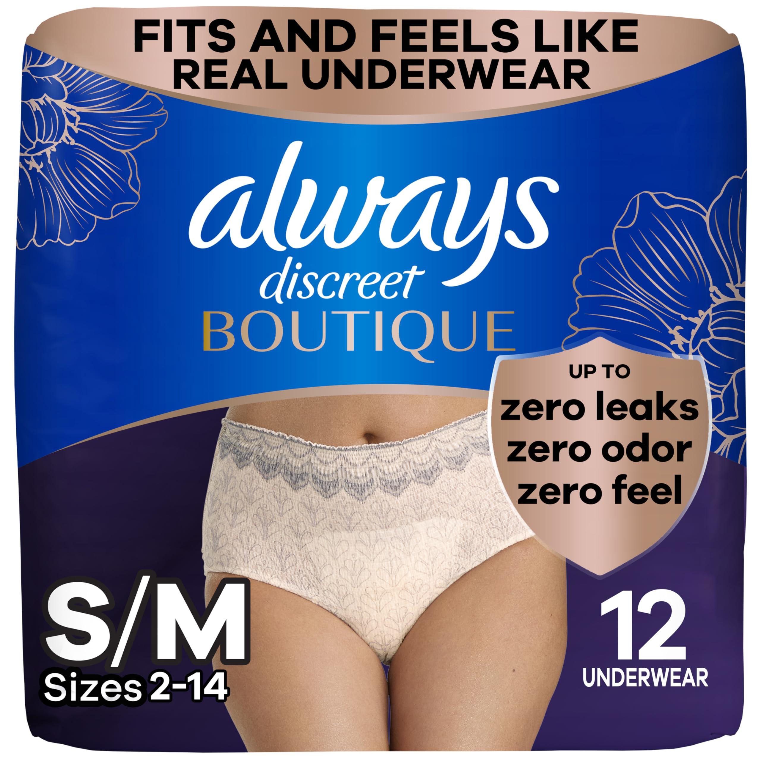 Always Discreet Always Discreet Boutique Adult Incontinence & Postpartum Underwear For Women, High-Rise, Size Small/Medium, Rosy, Maximum Absorbency, Disposable, 12 Count (Packaging May Vary)