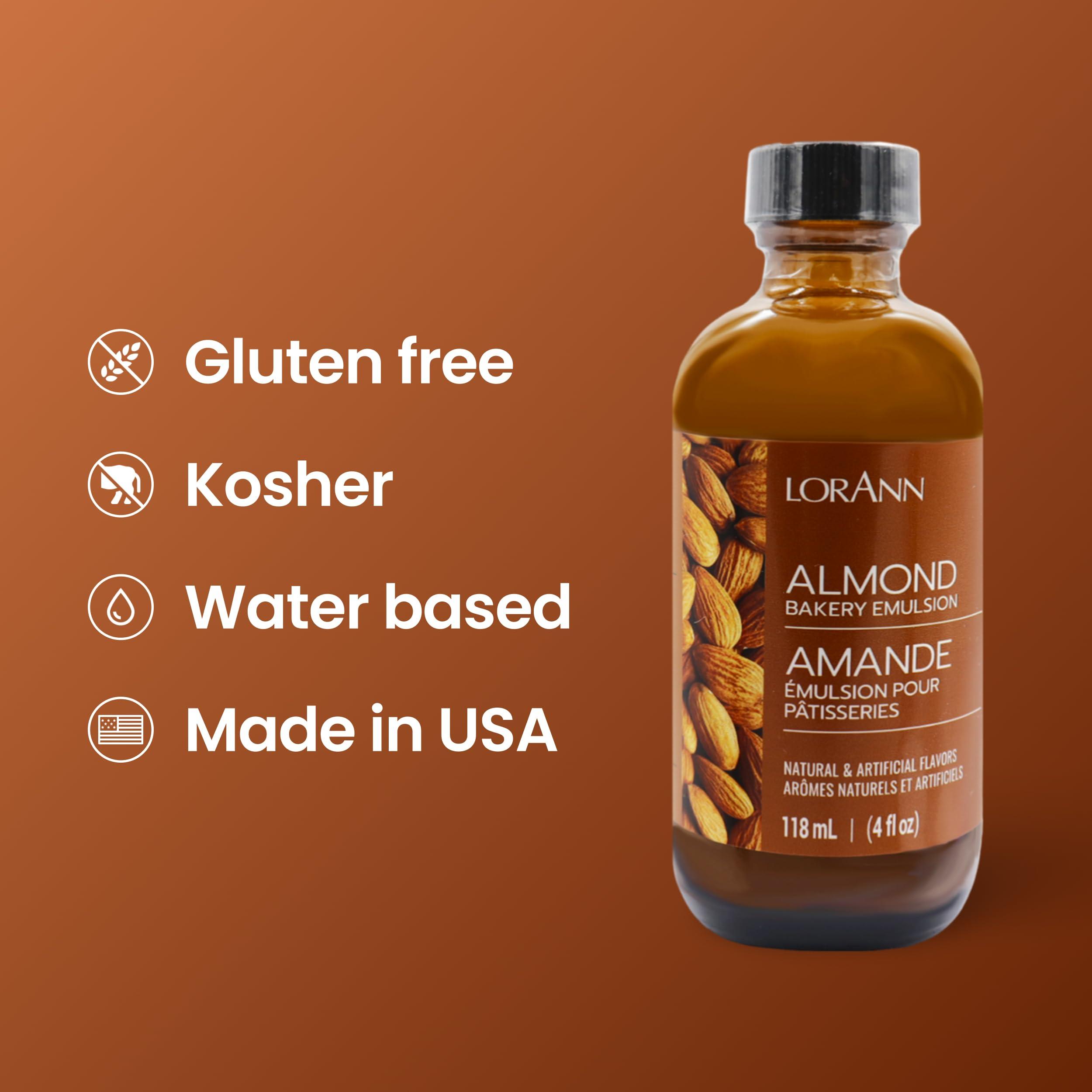 LorAnn Oils LorAnn Almond Bakery Emulsion, 4 oz - Intense Almond Flavor Extract for Baking, Cookies, Bars, Frosting, Ice Cream, Pies, Smoothies and Beverage - Gluten Free, Vegan, Sugar Free, Nut Free
