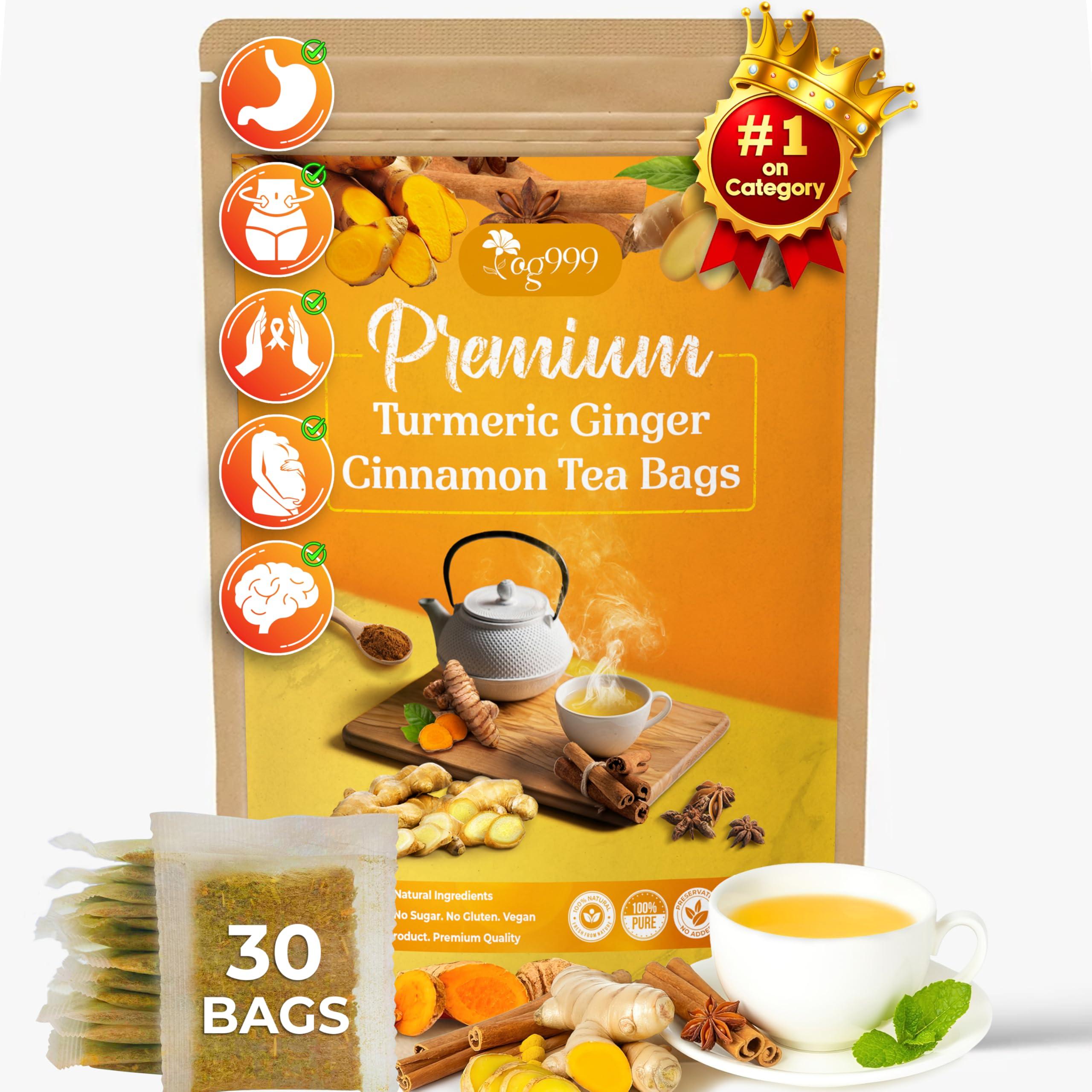TOG999 Special 30 Tea Bags Turmeric Ginger Cinnamon Tea, 100% Natural, Hand-made Blend of Turmeric, Ginger, and Cinnamon. Eco-conscious Tea Bags. Turmeric Ginger Herbal Tea. No Sugar, No Caffeine, No Gluten, Vegan.