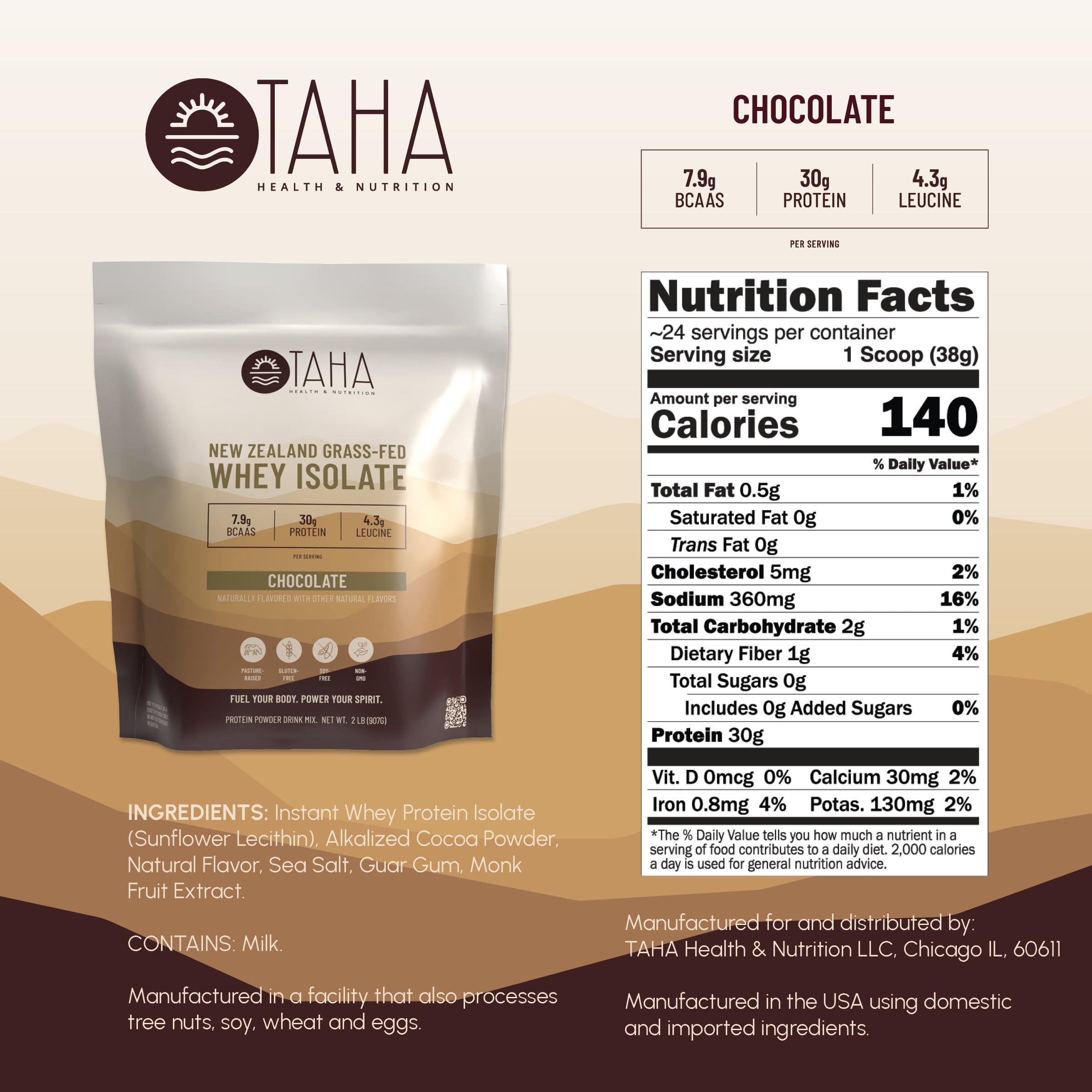 Taha Health & Nutrition Taha Health & Nutrition Chocolate Whey Protein Isolate Powder, 30g Protein, 7.9g BCAAs, 4.3g Leucine | New Zealand Free-Range, Grass-Fed Dairy | Gluten-Free, Keto, Kosher | 2LB, ~24 Servings