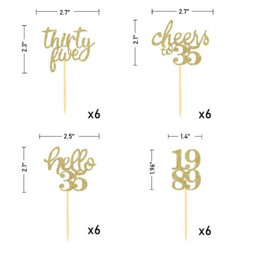 Moitkptt 24Pcs Glitter 35th Birthday Cupcake Toppers, Hello 35th Birthday Cake Topper- 35th Birthday Decorations for Celebrating Thirty-Five Years Old Birthday Party (Gold)
