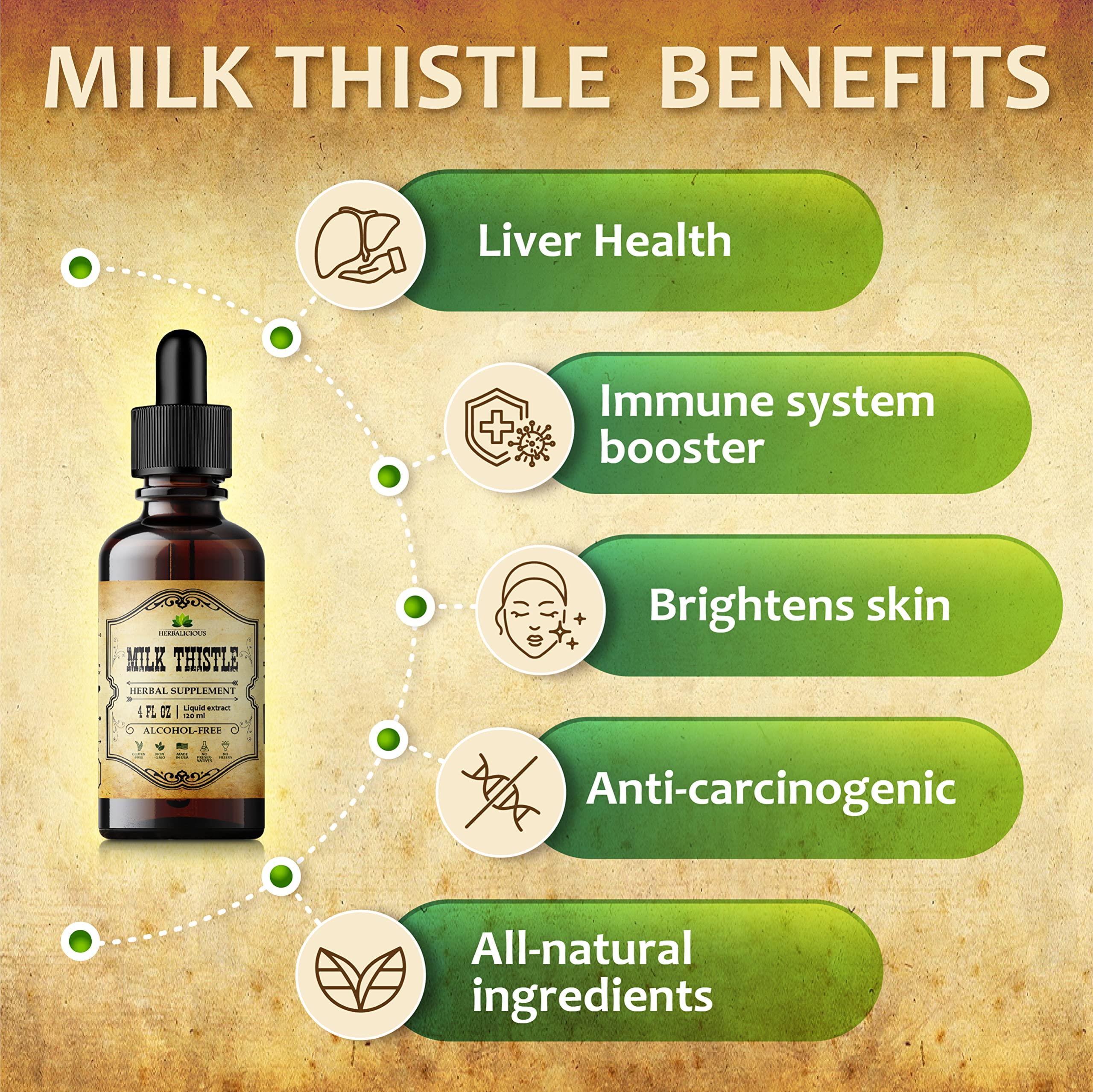 HERBALICIOUS Milk Thistle Extract - All-Natural Cleanse and Detox Supplement for Liver Support, Immune System Boost and Skin Health - Silymarin Nutritional Supplement - 4 Fl Oz