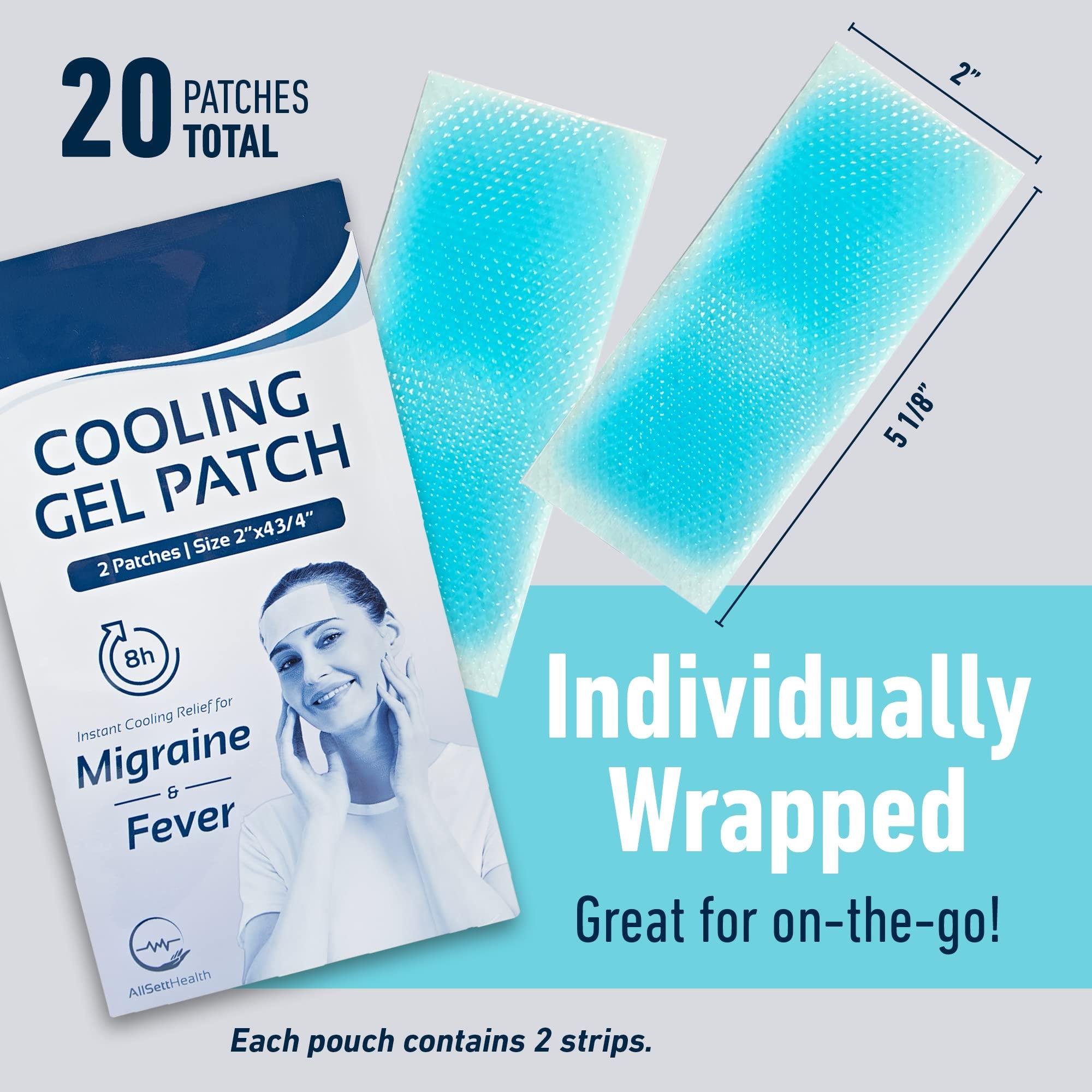 AllSett Health 20 Pack - Cooling Patches for Fever, Natural Headache and Migraine Relief, Soft Gel Sheets, Fever Patch for Kids, Tension/Sinus, Headache Relief Prevention