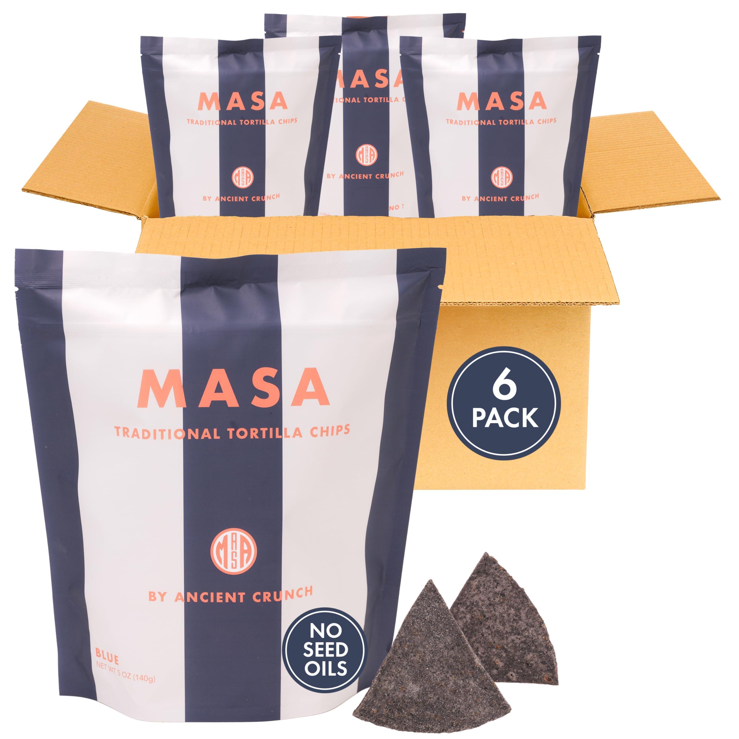 Ancient Crunch MASA Chips Blue Corn Tortilla Chips - Naturally Grown Blue Corn with Grass Fed Tallow and Sea Salt Tortilla Chips - No Seed-Oil Snacks - 6 Pack, 5 Ounce Each