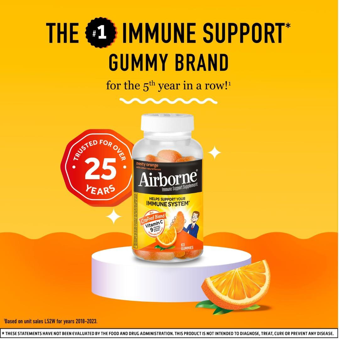 Airborne Airborne 750mg Vitamin C Immune Support Supplement Gummies for Adults, Zesty Orange Flavor, Gluten Free Crafted Blend with Powerful Antioxidants Vitamins A C & E, 63 Gummies (4 Pack)