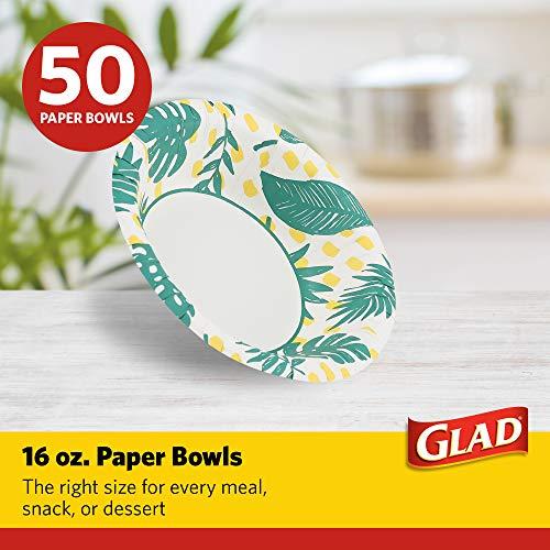 Glad Glad Disposable Heavy Duty Cut Resistant Microwave Safe Paper Bowls with Palm Leaves Design for Hot Soup and Ice Cream for Everyday Use, 16 Oz, 50 Count
