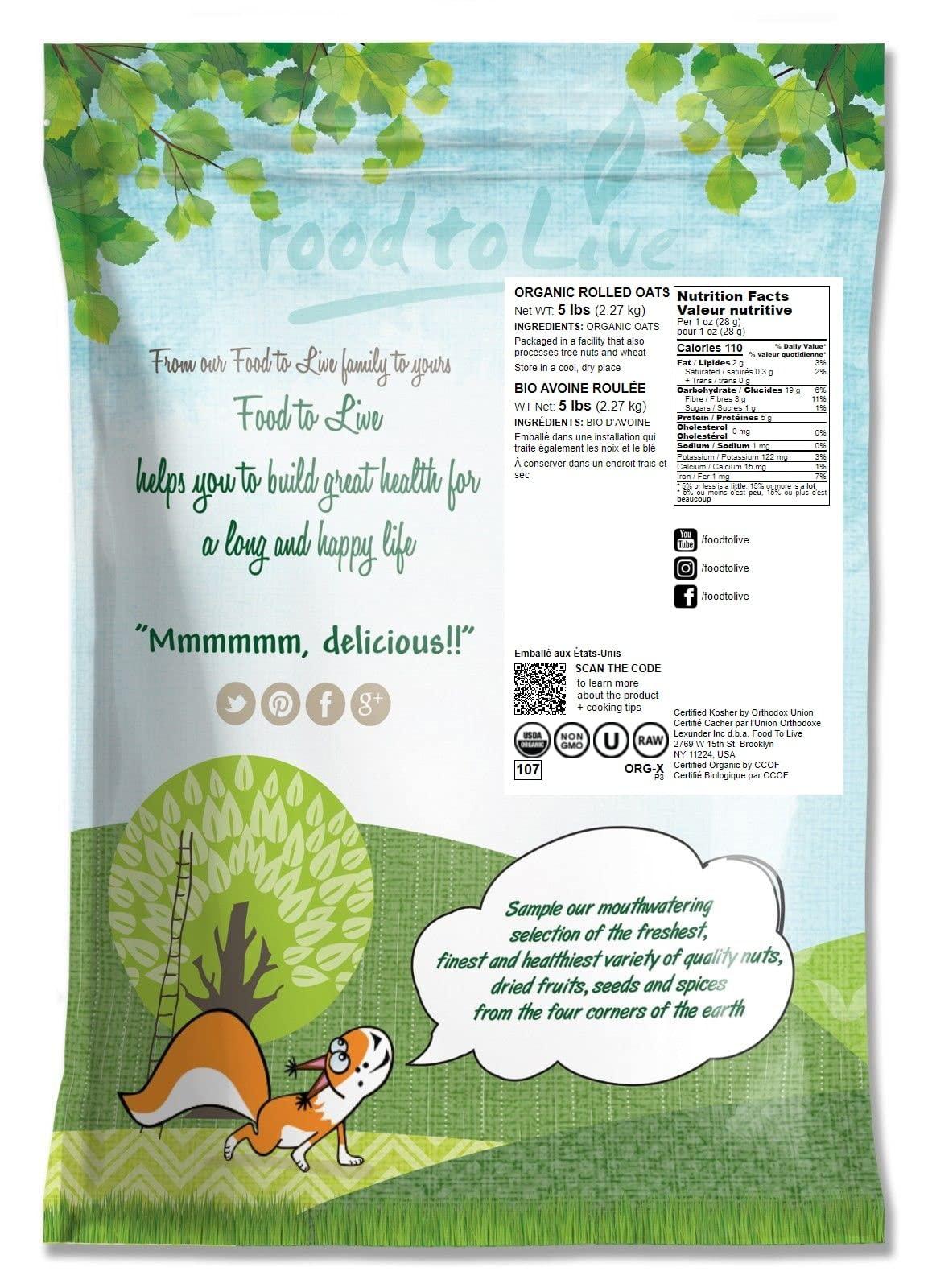 Food to Live Food to Live Organic Rolled Oats, 5 Pounds Old-Fashioned, 100% Whole Grain, Non-GMO, Raw, Kosher, Bulk Oats. Perfect for Morning Oatmeal and Overnight Oats
