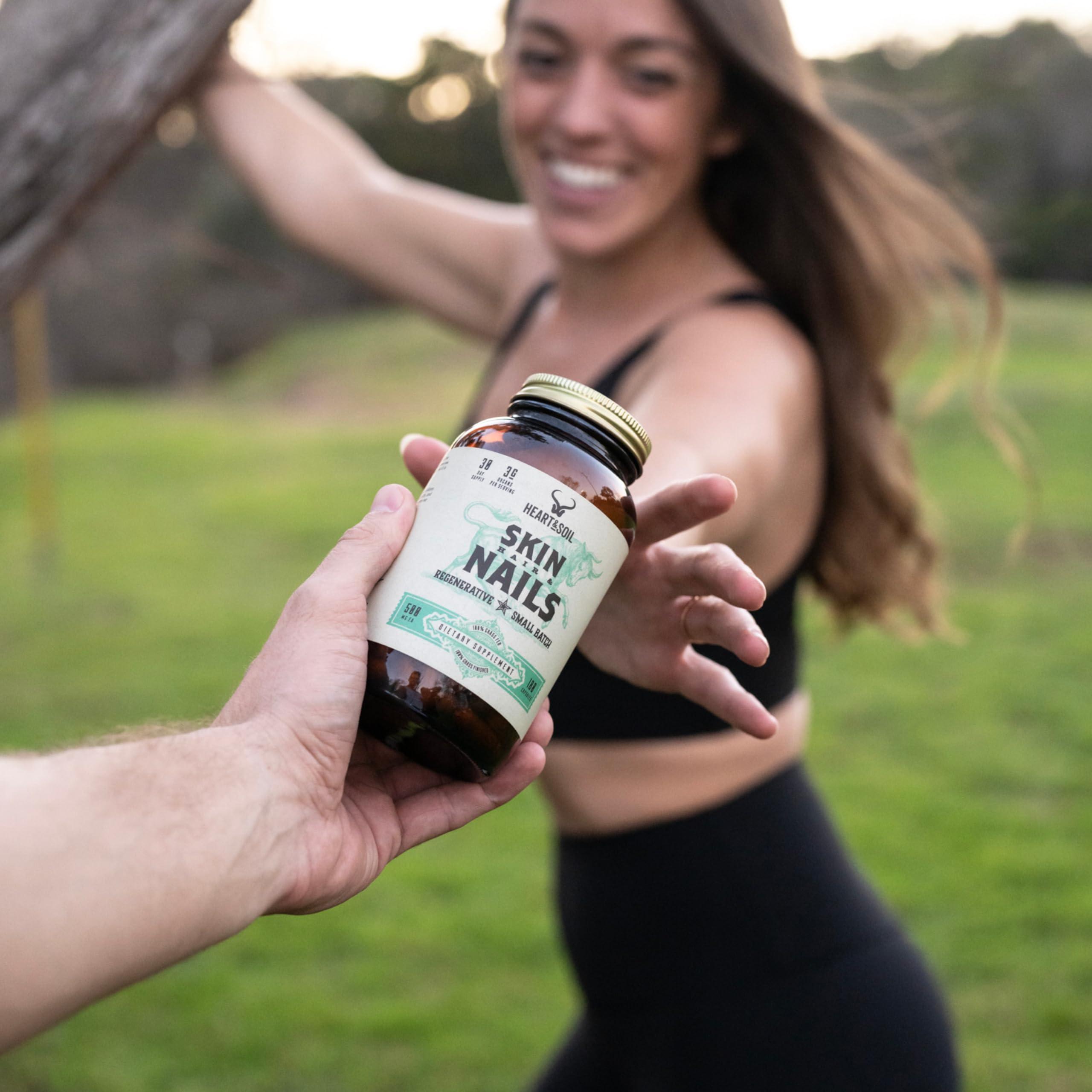 HEART & SOIL HEART & SOIL - Skin, Hair & Nails Supplement - Hair Skin and Nails Vitamins - Enriched with Biotin, Collagen, Vitamins A & E, Riboflavin, Elastin & More - 100 Capsules