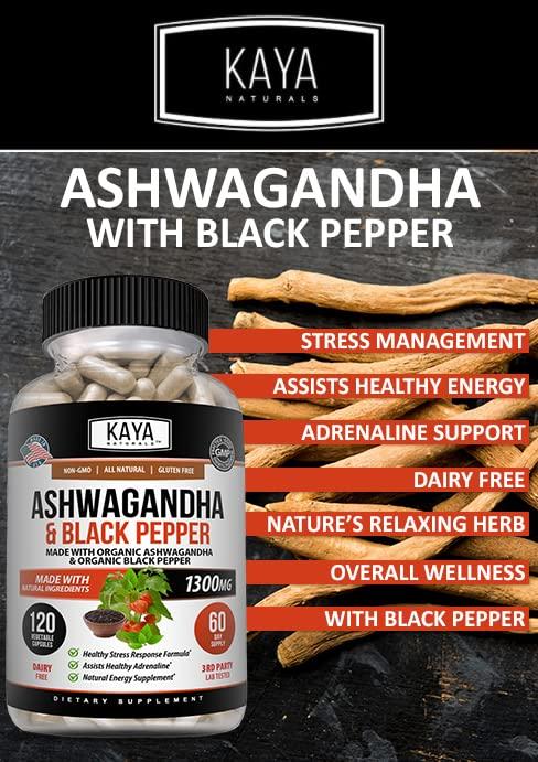 Kaya Naturals Kaya Naturals Organic Ashwagandha 1300mg, 120 Count Capsules for Stress Relief, Adrenal, Mood & Thyroid Support, Black Pepper and 100% Pure Ashwagandha -120 Capsules