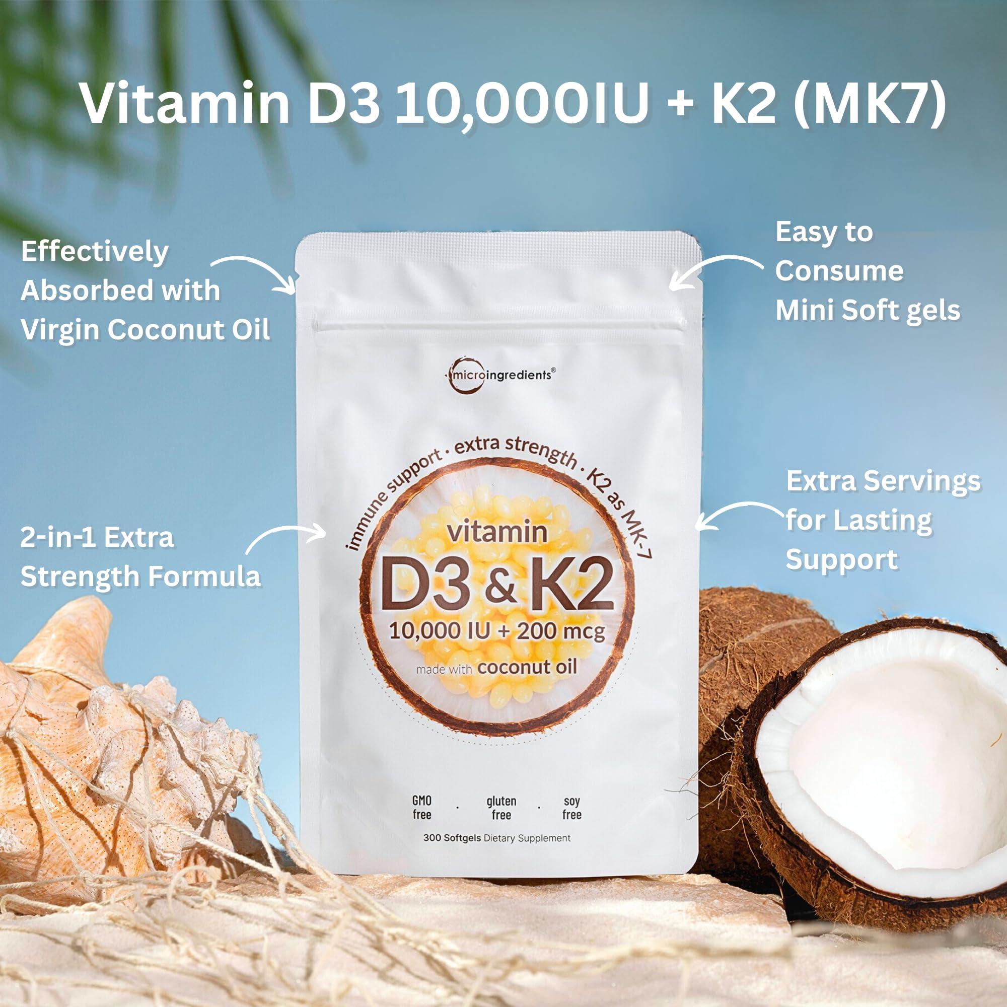 Micro Ingredients Vitamin D3 10000 iu Plus K2 (MK-7) 200 mcg, 180 Virgin Coconut Oil Softgels| 2 in 1 Vitamins D & K Complex | Supports Calcium Absorption, Bone, Immune, & Heart Health – Easy to Swallow