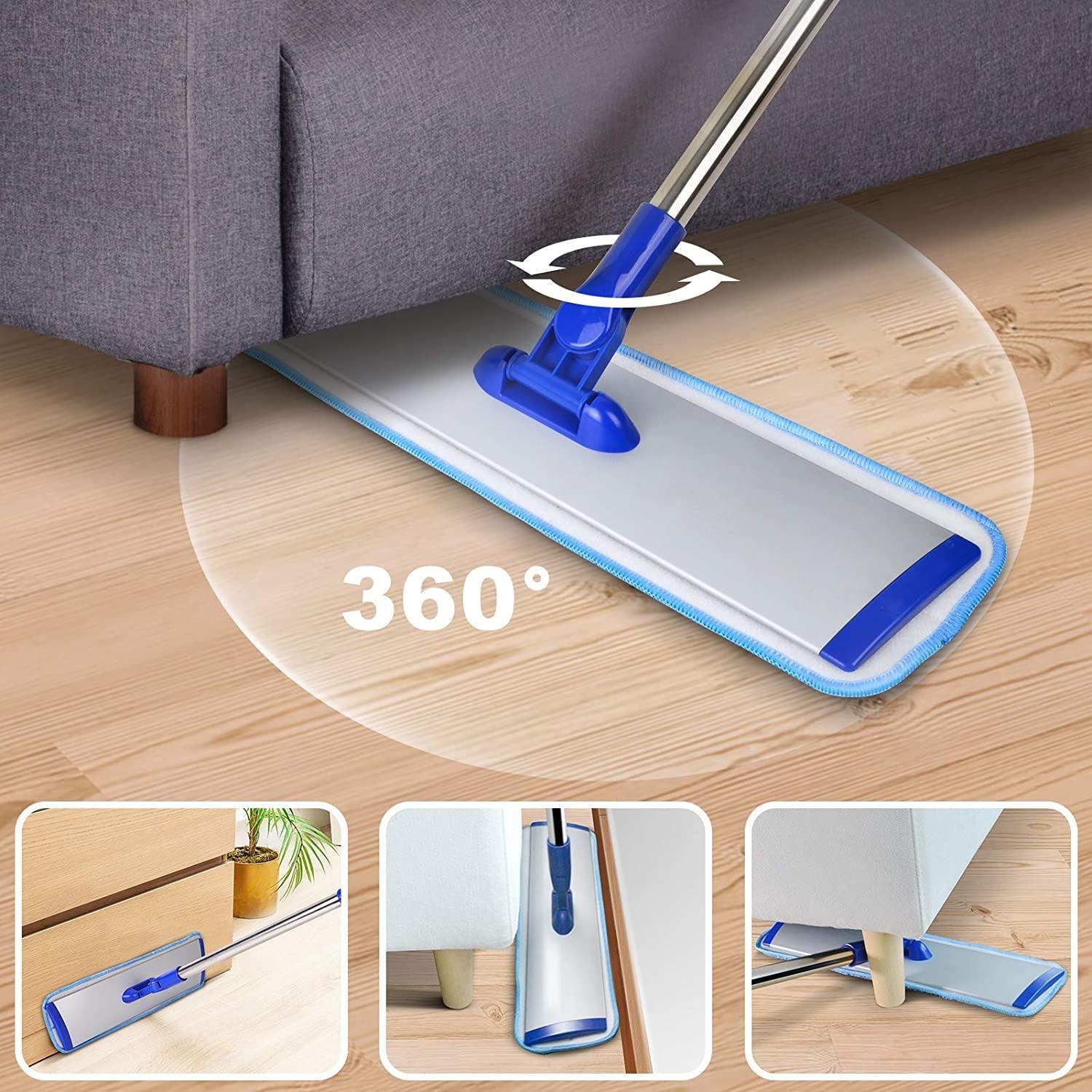 Bryquelin 18\" Professional Microfiber Mop Floor Cleaning mop, Flat Mop with Stainless Steel Handle,2 Reusable Washable Mop Pads and mop Pads Brush,Microfiber Mop for Hardwood, Laminate (Blue)