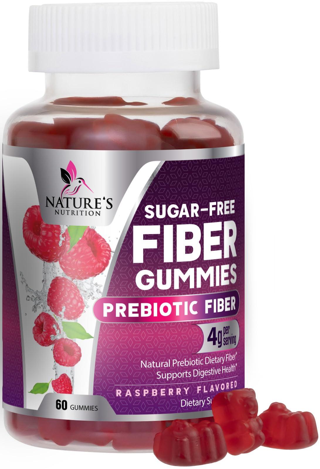 Nature's Nutrition Fiber Supplement Gummies for Digestive Health & Regularity Support, Sugar-Free 4g Fiber Gummy for Adults, Daily Probiotic Supplements, Natural Prebiotic Fiber Gummy, Plant Based - 60 Gummies