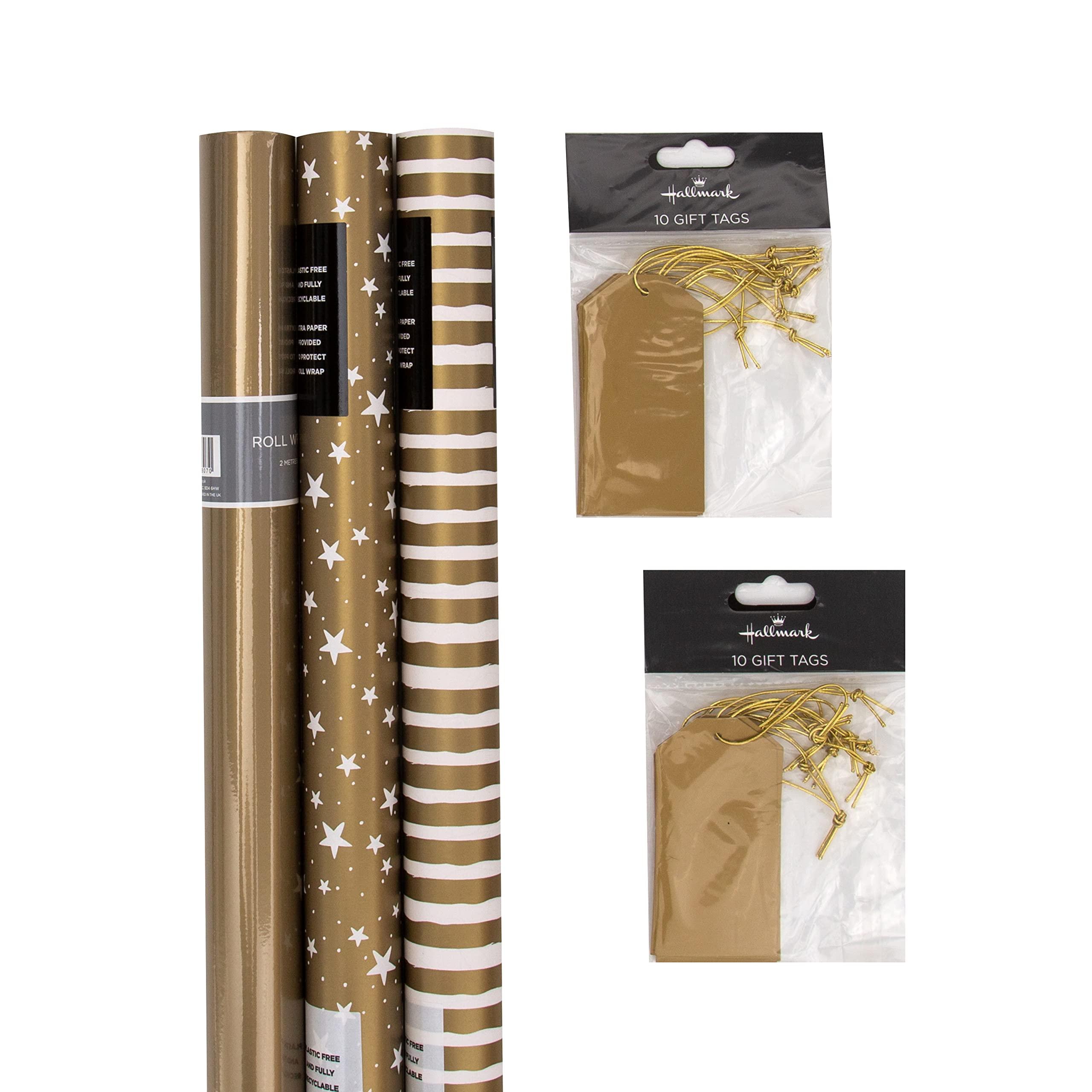 Hallmark Hallmark Gold Christmas Wrapping Paper and Gift Tag Bundle - 3 Rolls of Paper in 3 Designs With 2 Packs of 10 Plain Gold Gift Tags