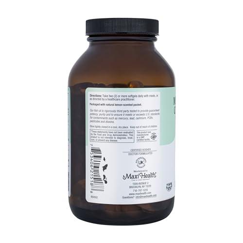 Maxi Health Omega 3 Supplement - Omega-3 Fish Oil Concentrate - Higher Potency Source of EPA/DHA Fatty Acids - Heart, Brain & Joint Health - Kosher Certified Wild Caught Marine Fish - 180 Vegetarian Softgels