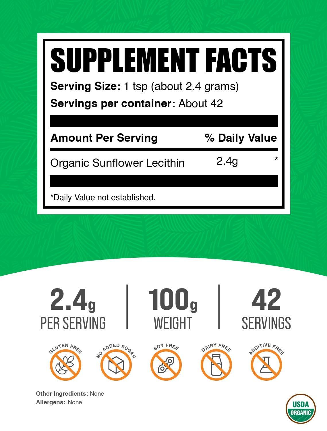 BULKSUPPLEMENTS.COM BulkSupplements.com Organic Sunflower Lecithin Powder - Sunflower Lecithin Supplement, Lecithin Powder Food Grade - Vegan & Gluten Free, 2400mg per Serving, 100g (3.5 oz) (Pack of 1)