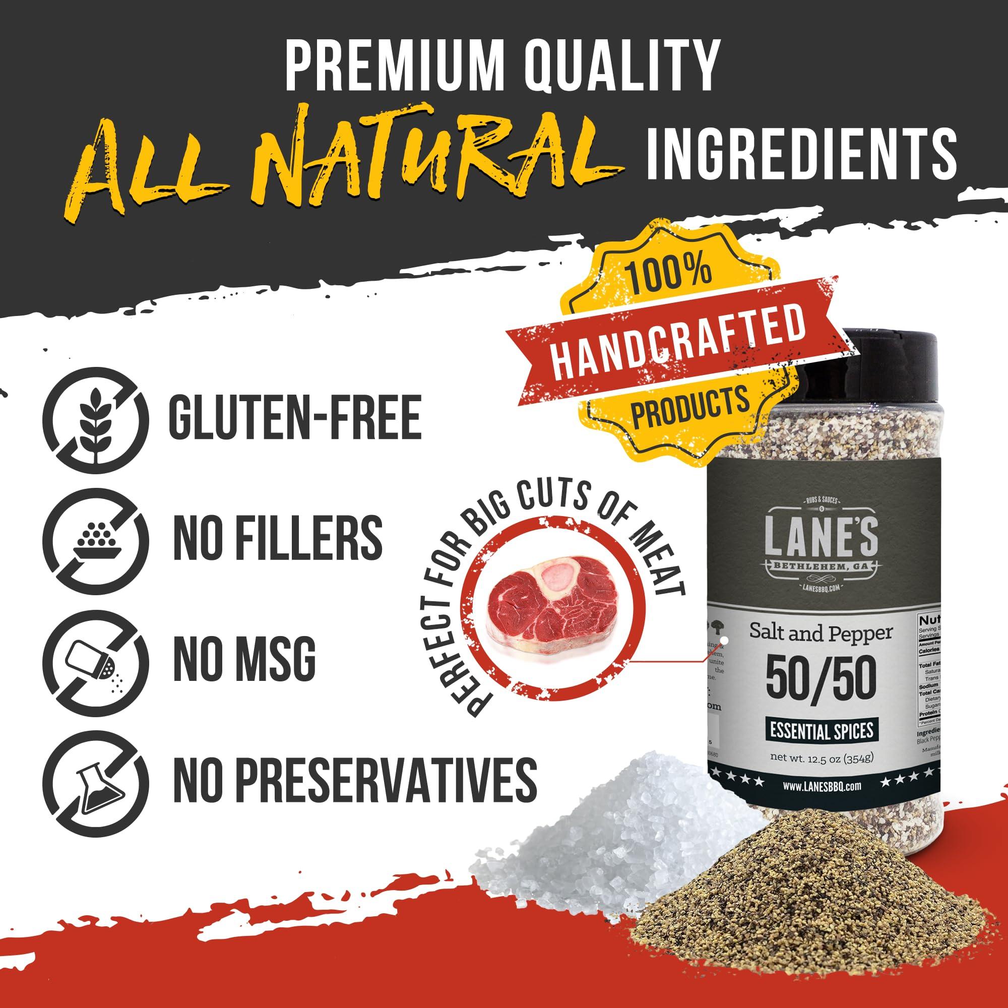 Lane's Lane\'s 50/50 Salt and Pepper Seasoning, All-Natural Salt & Pepper Spice, 16 Mesh Coarse Black Pepper Seasoning Salt, Gluten-Free, Made in USA, 12 Oz