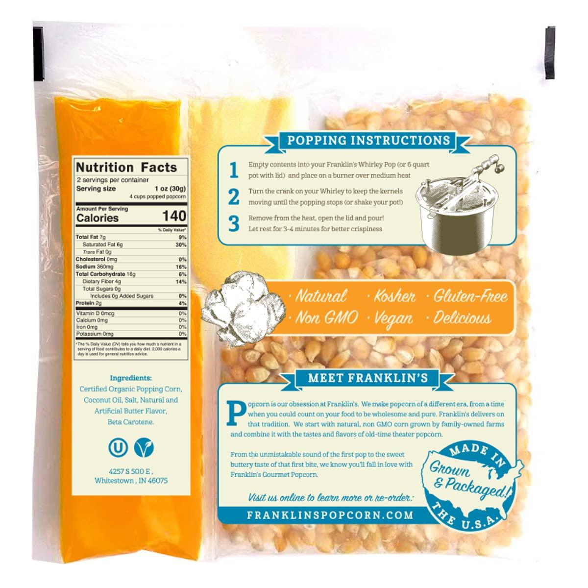 Franklin's Gourmet Popcorn Franklins Gourmet Popcorn All-In-One Pre-Measured Packs - 2oz. Pack of 24 - Butter Flavored Coconut Oil + Butter Salt Popcorn Seasoning + Organic Corn - Authentic Movie Theater Taste Made in USA