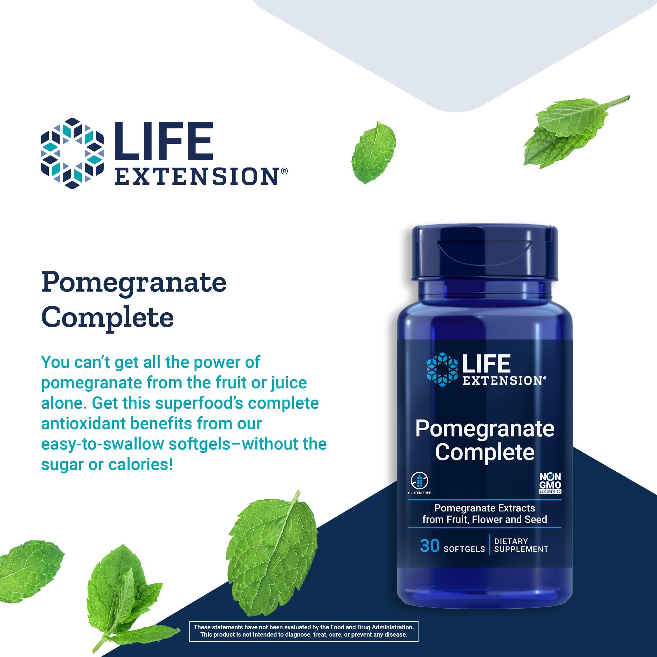 Life Extension Life Extension Pomegranate Complete, Fruit Extract, Flower, Seed Oil Extract, Cardiovascular Health, antioxidant Support, superfood Supplement, Gluten Free, Non-GMO, 30 softgels
