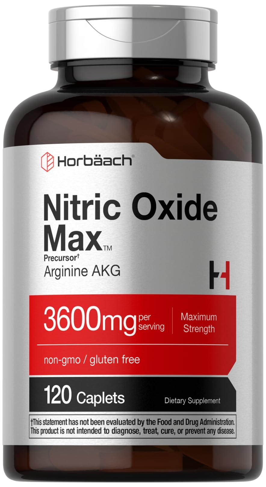 Horbäach Horbach Nitric Oxide Max 3600mg | 120 Caplets | with Arginine AAKG for Men and Women | Vegetarian, Non-GMO, & Gluten Free Pre Workout Supplement